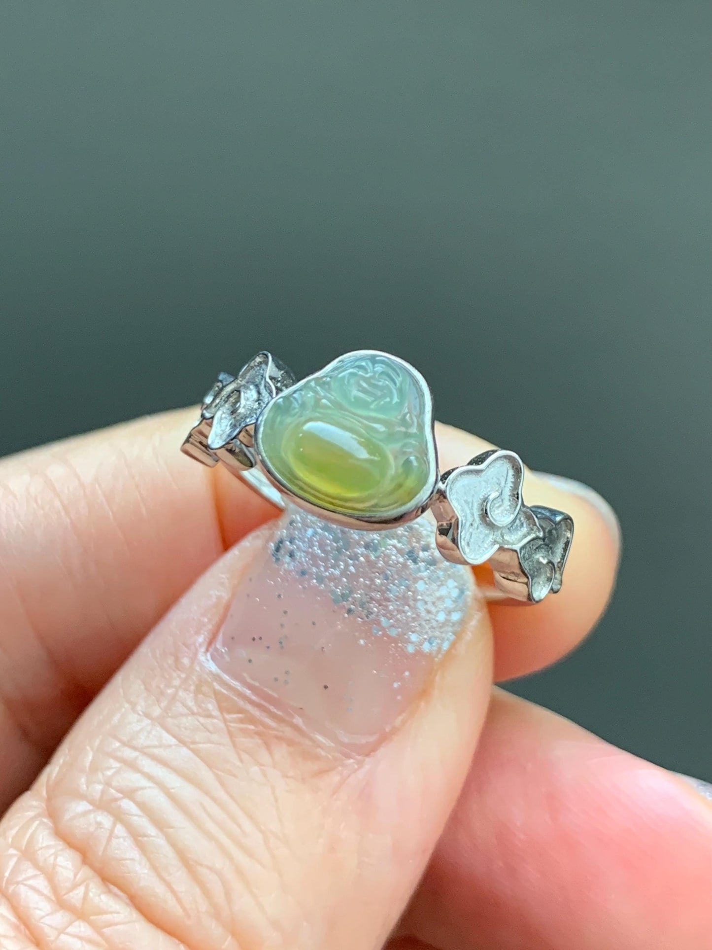 Certified Natural Guatemalan Icy Translucent Pastel Blue Yellow Marbled Jade Jadeite Buddha Ring Sterling Silver Size 6.25 天然冰危黄蓝翡翠佛公戒指 193