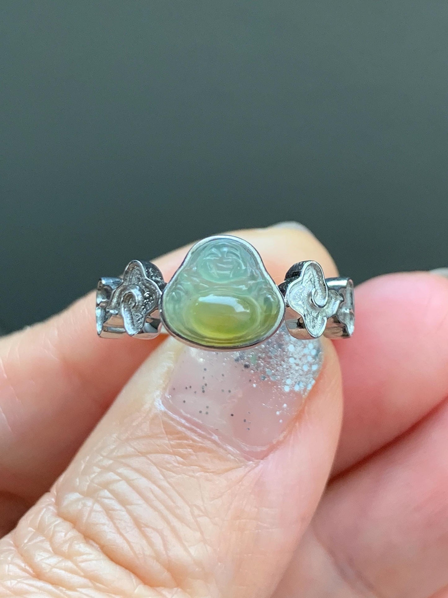Certified Natural Guatemalan Icy Translucent Pastel Blue Yellow Marbled Jade Jadeite Buddha Ring Sterling Silver Size 6.25 天然冰危黄蓝翡翠佛公戒指 193