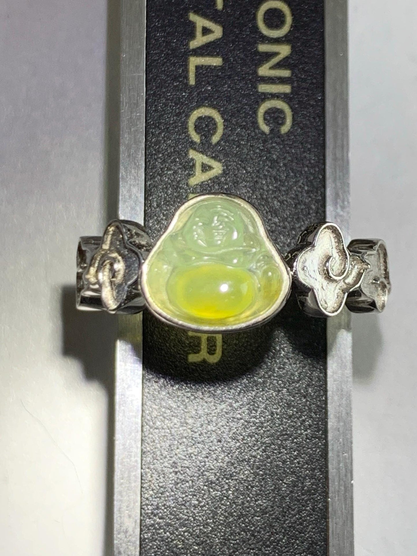 Certified Natural Guatemalan Icy Translucent Pastel Blue Yellow Marbled Jade Jadeite Buddha Ring Sterling Silver Size 6.25 天然冰危黄蓝翡翠佛公戒指 193