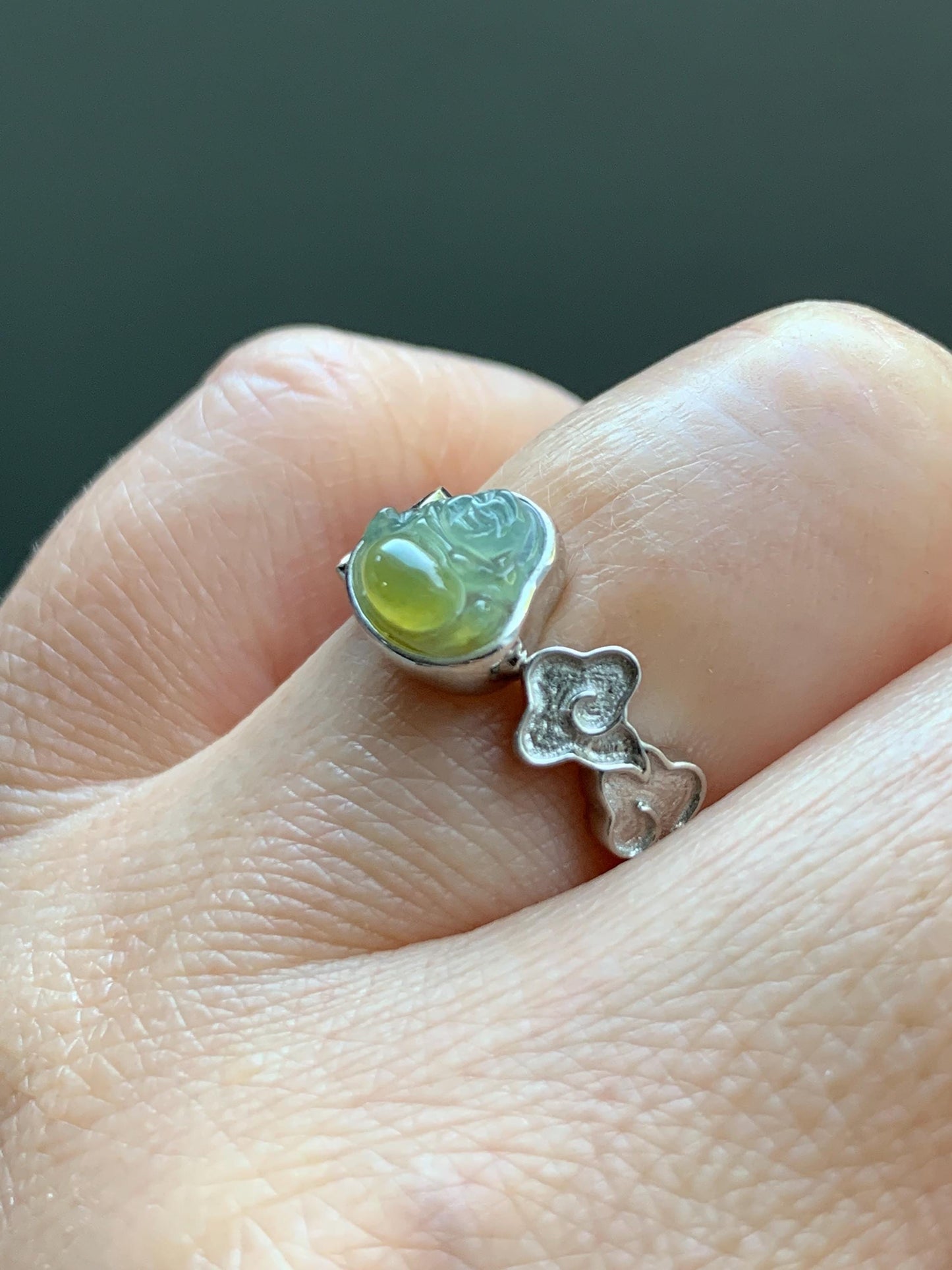 Certified Natural Guatemalan Icy Translucent Pastel Blue Yellow Marbled Jade Jadeite Buddha Ring Sterling Silver Size 6.25 天然冰危黄蓝翡翠佛公戒指 193