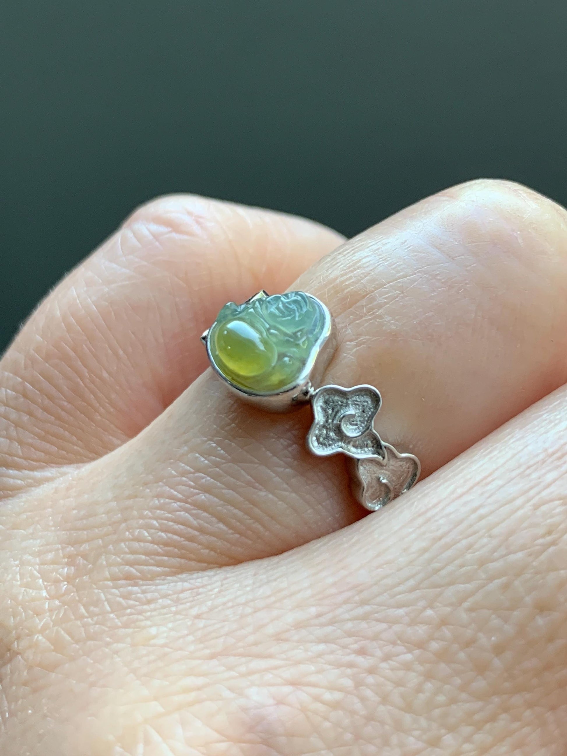 Certified Natural Guatemalan Icy Translucent Pastel Blue Yellow Marbled Jade Jadeite Buddha Ring Sterling Silver Size 6.25 天然冰危黄蓝翡翠佛公戒指 193