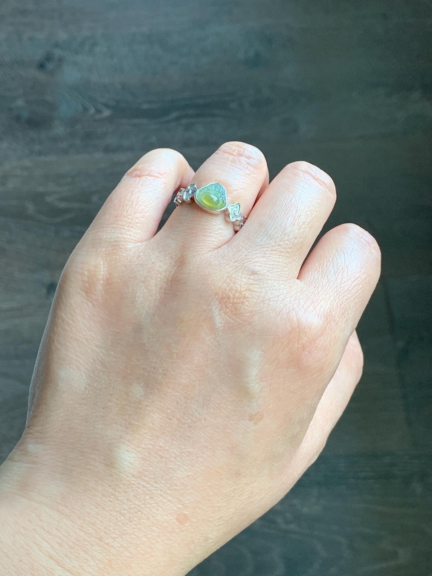 Certified Natural Guatemalan Icy Translucent Pastel Blue Yellow Marbled Jade Jadeite Buddha Ring Sterling Silver Size 6.25 天然冰危黄蓝翡翠佛公戒指 193