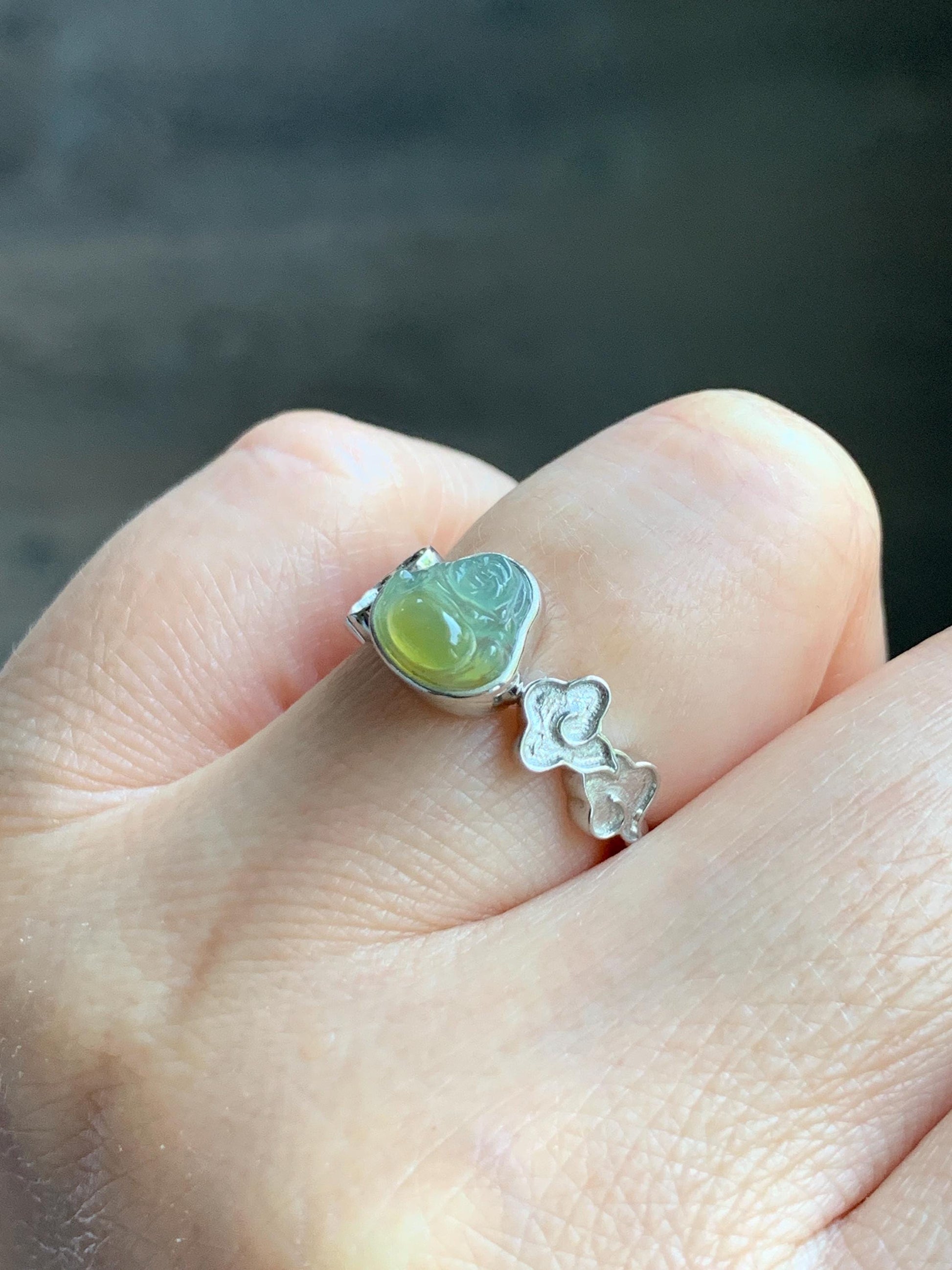 Certified Natural Guatemalan Icy Translucent Pastel Blue Yellow Marbled Jade Jadeite Buddha Ring Sterling Silver Size 6.25 天然冰危黄蓝翡翠佛公戒指 193