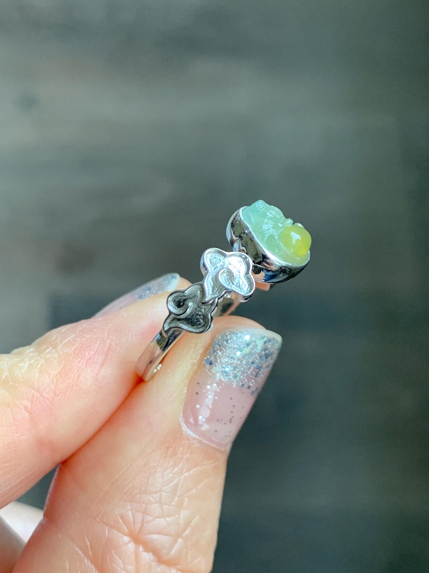 Certified Natural Guatemalan Icy Translucent Pastel Blue Yellow Marbled Jade Jadeite Buddha Ring Sterling Silver Size 6.25 天然冰危黄蓝翡翠佛公戒指 193