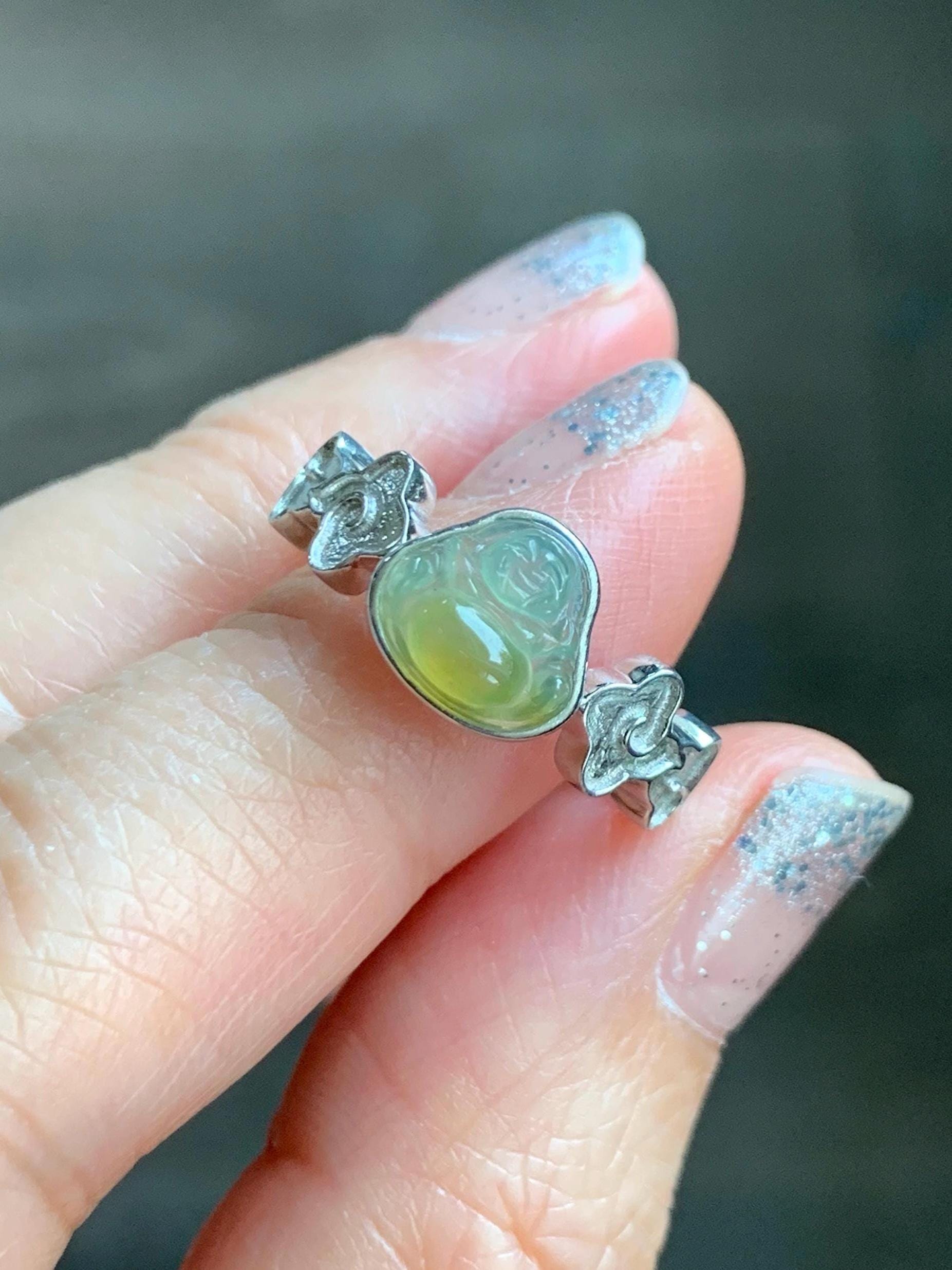 Certified Natural Guatemalan Icy Translucent Pastel Blue Yellow Marbled Jade Jadeite Buddha Ring Sterling Silver Size 6.25 天然冰危黄蓝翡翠佛公戒指 193