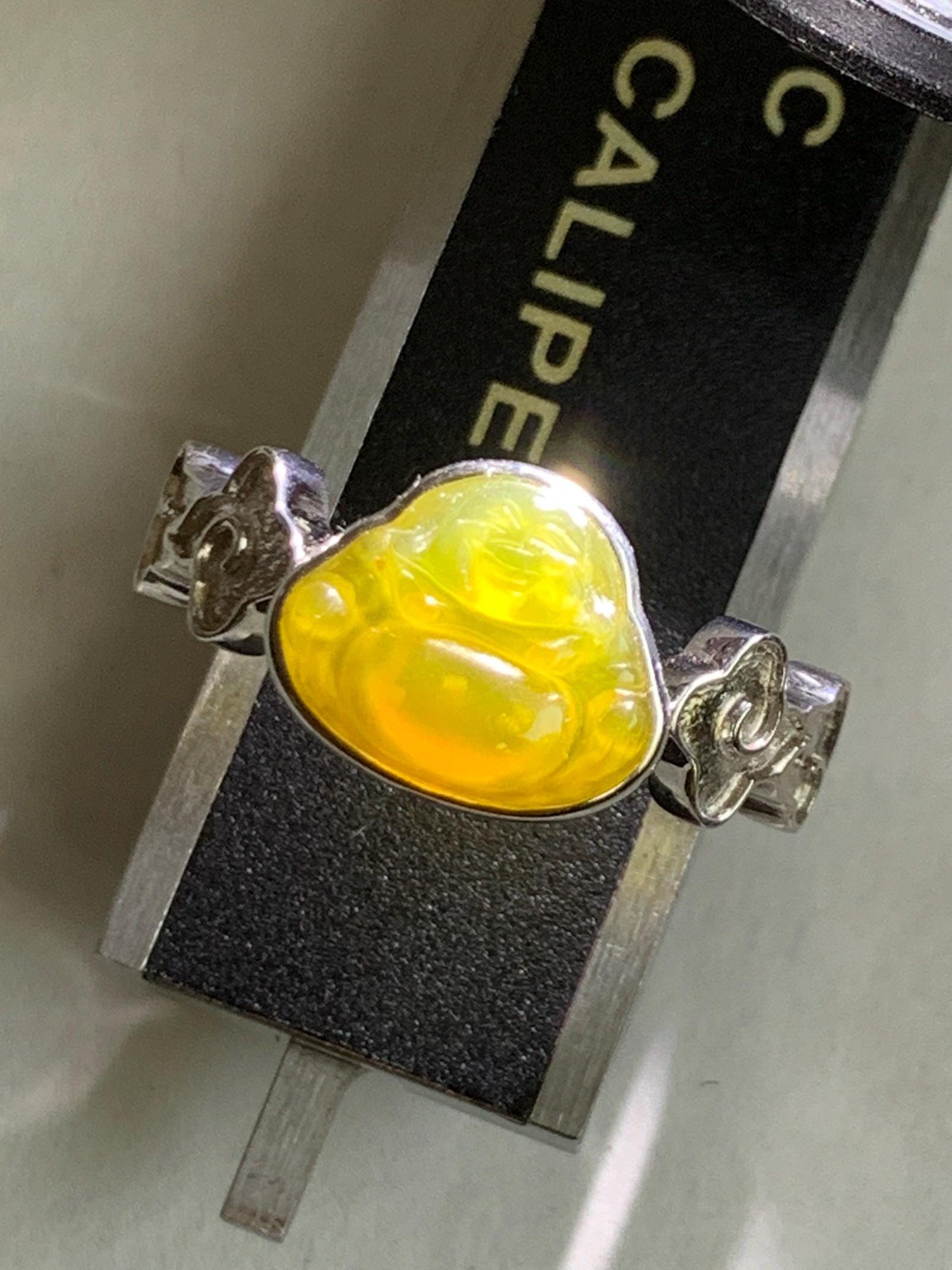 Certified Natural Grade A Guatemalan Icy Translucent Vibrant Yellow Jade Jadeite Buddha Ring Sterling Silver Size 7.25 天然冰危浓黄翡翠佛公祥云戒指 194