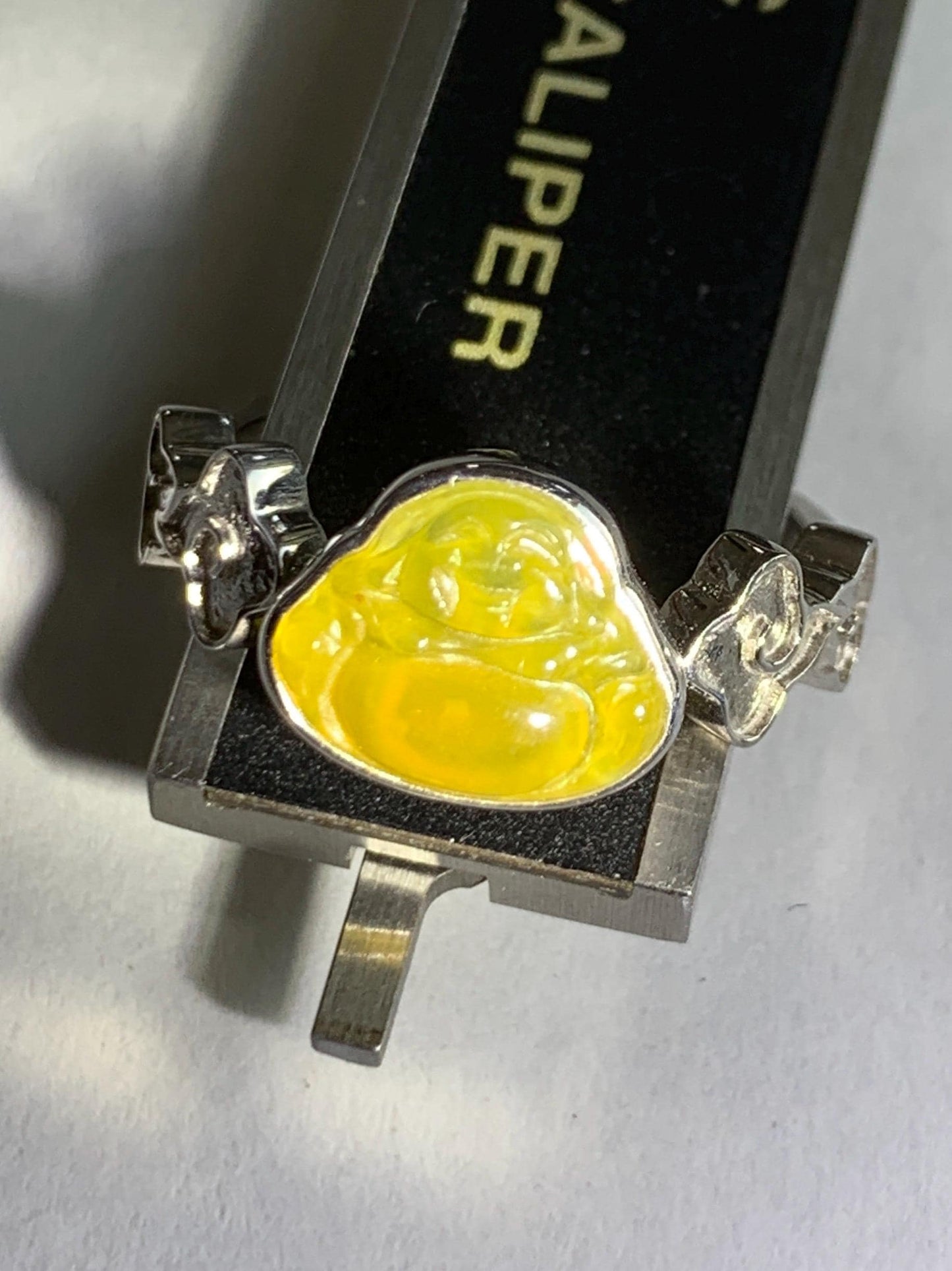 Certified Natural Grade A Guatemalan Icy Translucent Vibrant Yellow Jade Jadeite Buddha Ring Sterling Silver Size 7.25 天然冰危浓黄翡翠佛公祥云戒指 194