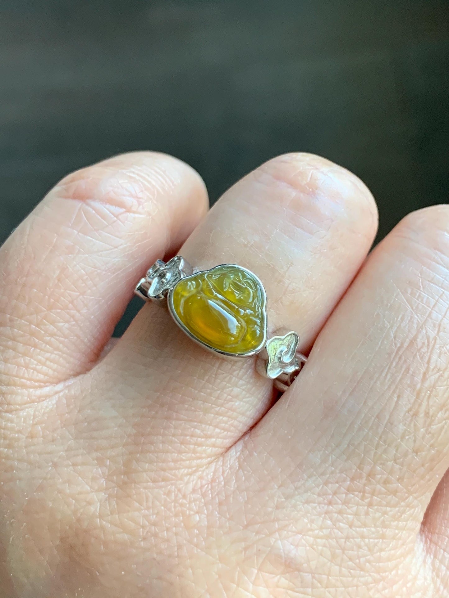 Certified Natural Grade A Guatemalan Icy Translucent Vibrant Yellow Jade Jadeite Buddha Ring Sterling Silver Size 7.25 天然冰危浓黄翡翠佛公祥云戒指 194