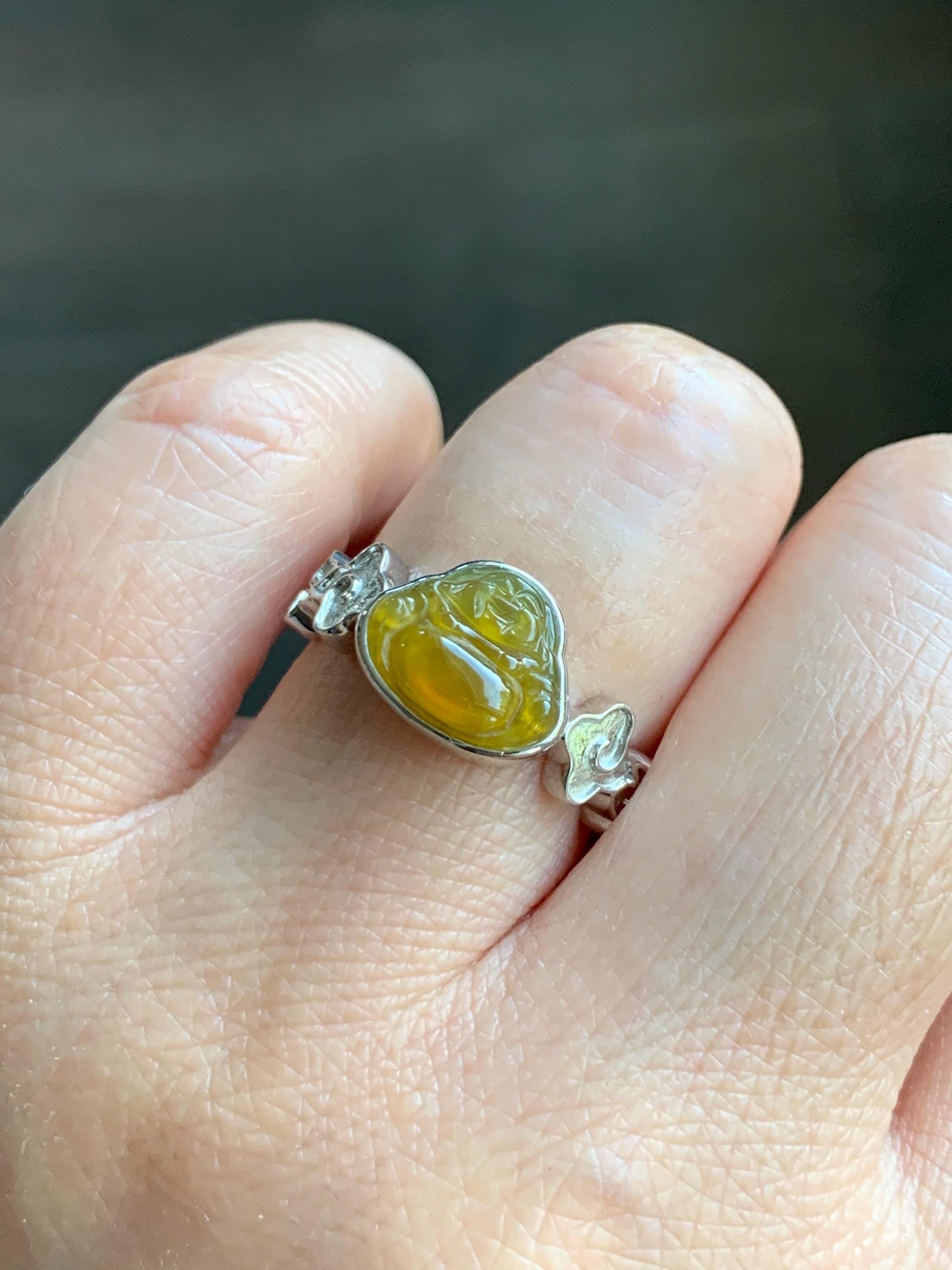 Certified Natural Grade A Guatemalan Icy Translucent Vibrant Yellow Jade Jadeite Buddha Ring Sterling Silver Size 7.25 天然冰危浓黄翡翠佛公祥云戒指 194