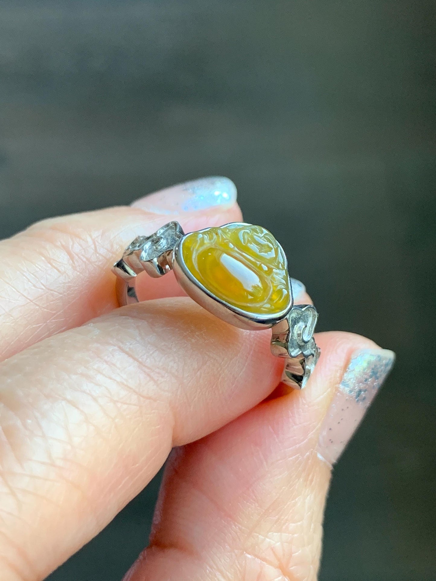 Certified Natural Grade A Guatemalan Icy Translucent Vibrant Yellow Jade Jadeite Buddha Ring Sterling Silver Size 7.25 天然冰危浓黄翡翠佛公祥云戒指 194