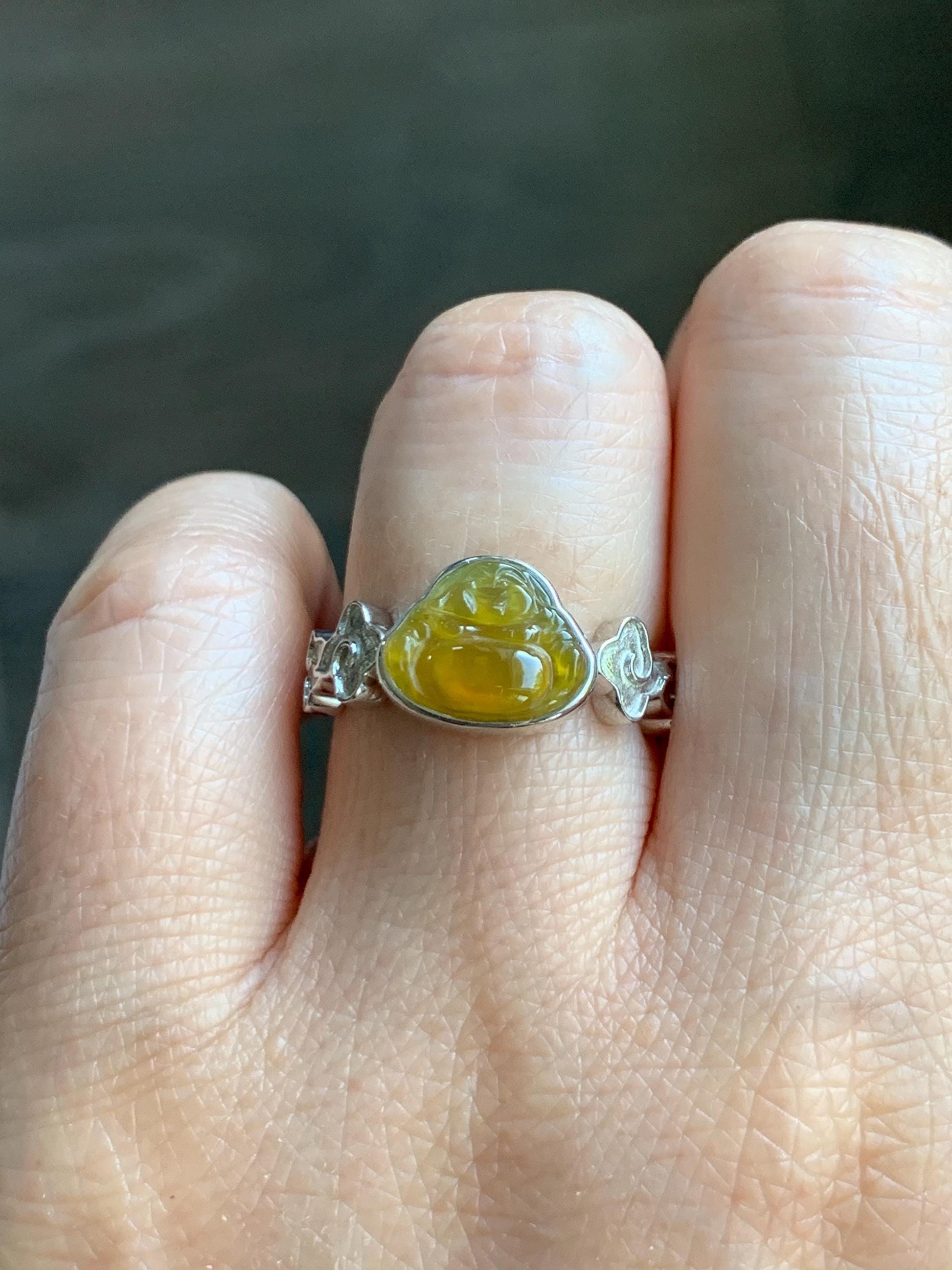 Certified Natural Grade A Guatemalan Icy Translucent Vibrant Yellow Jade Jadeite Buddha Ring Sterling Silver Size 7.25 天然冰危浓黄翡翠佛公祥云戒指 194