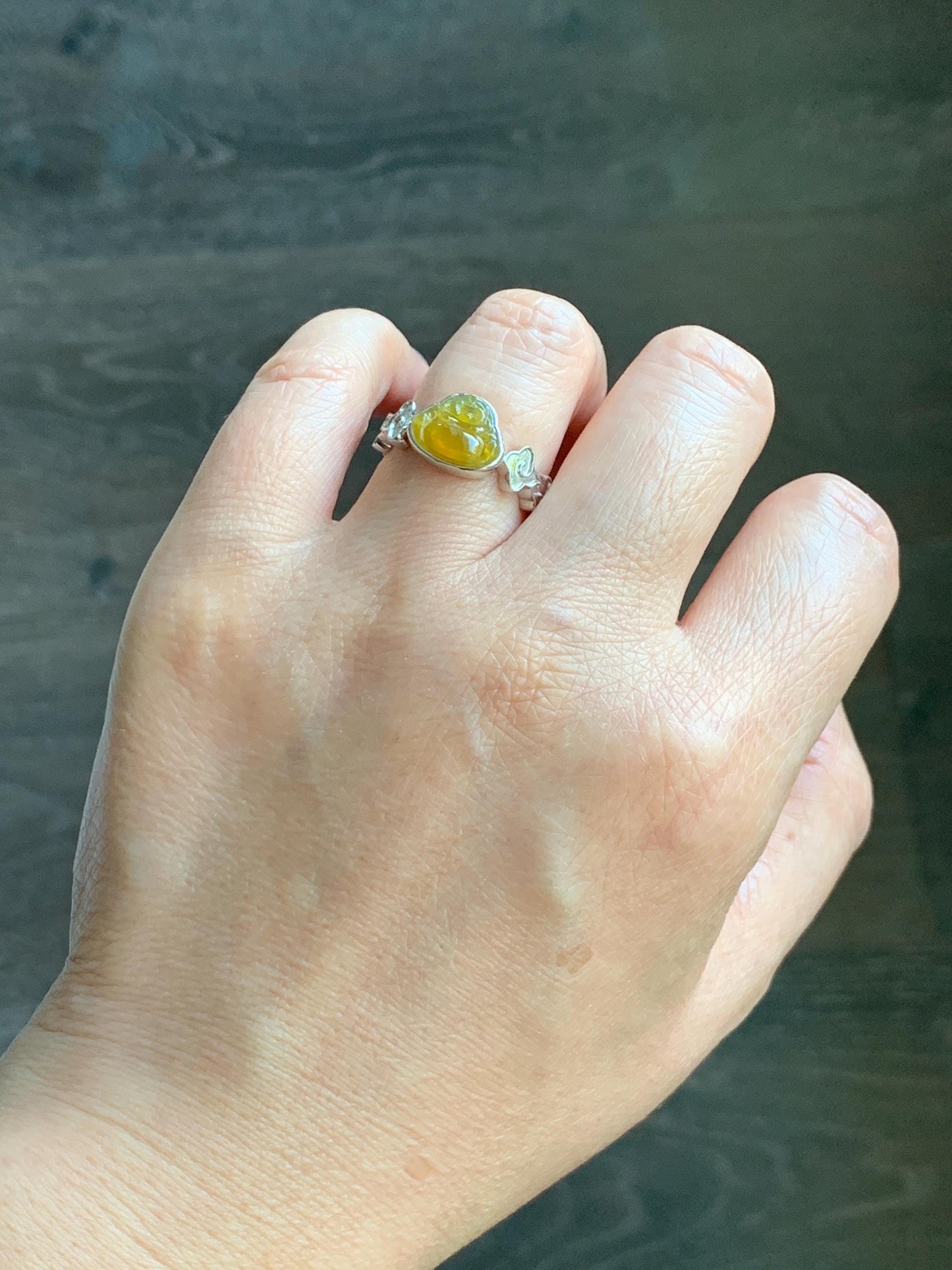 Certified Natural Grade A Guatemalan Icy Translucent Vibrant Yellow Jade Jadeite Buddha Ring Sterling Silver Size 7.25 天然冰危浓黄翡翠佛公祥云戒指 194