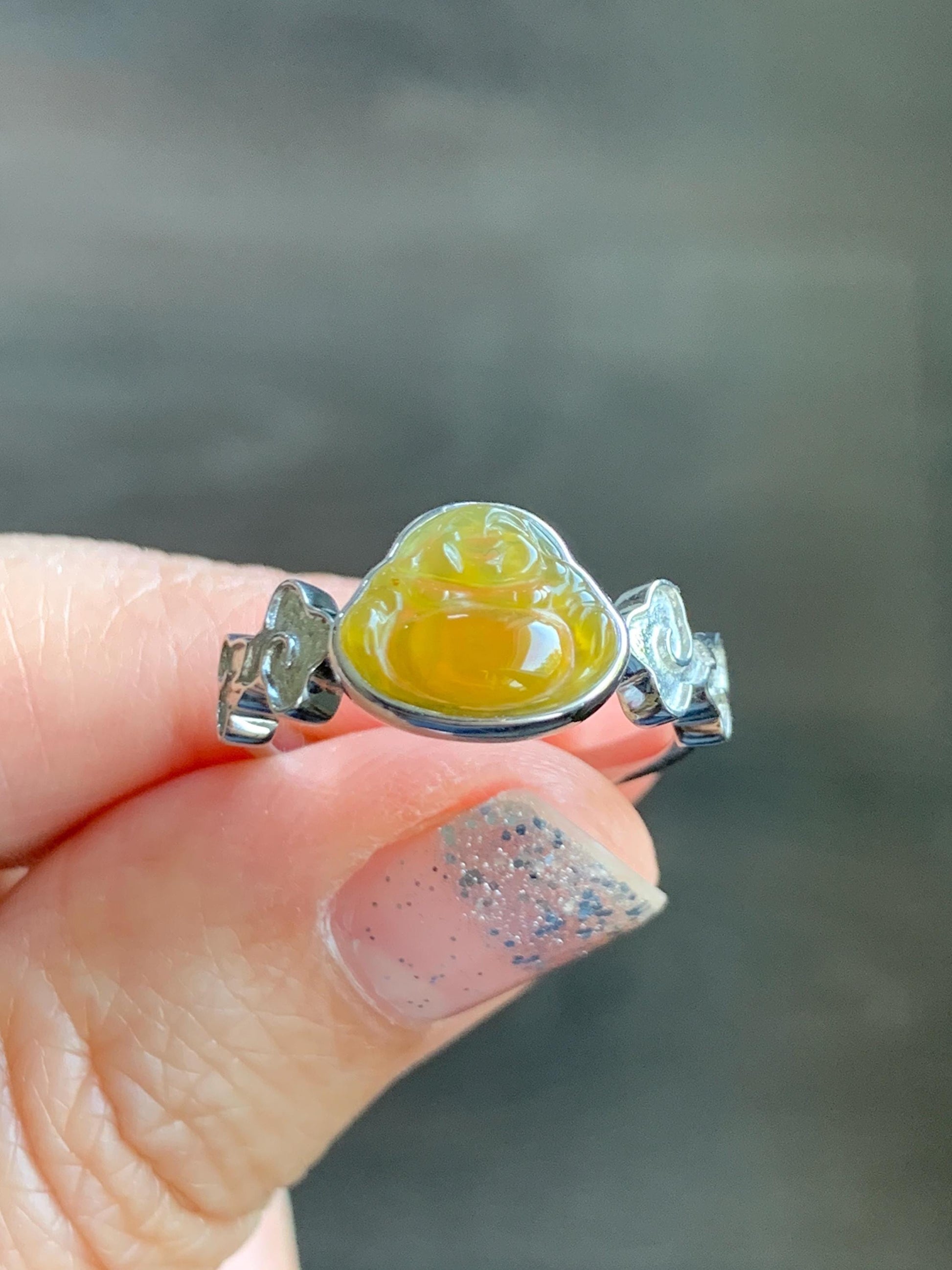 Certified Natural Grade A Guatemalan Icy Translucent Vibrant Yellow Jade Jadeite Buddha Ring Sterling Silver Size 7.25 天然冰危浓黄翡翠佛公祥云戒指 194