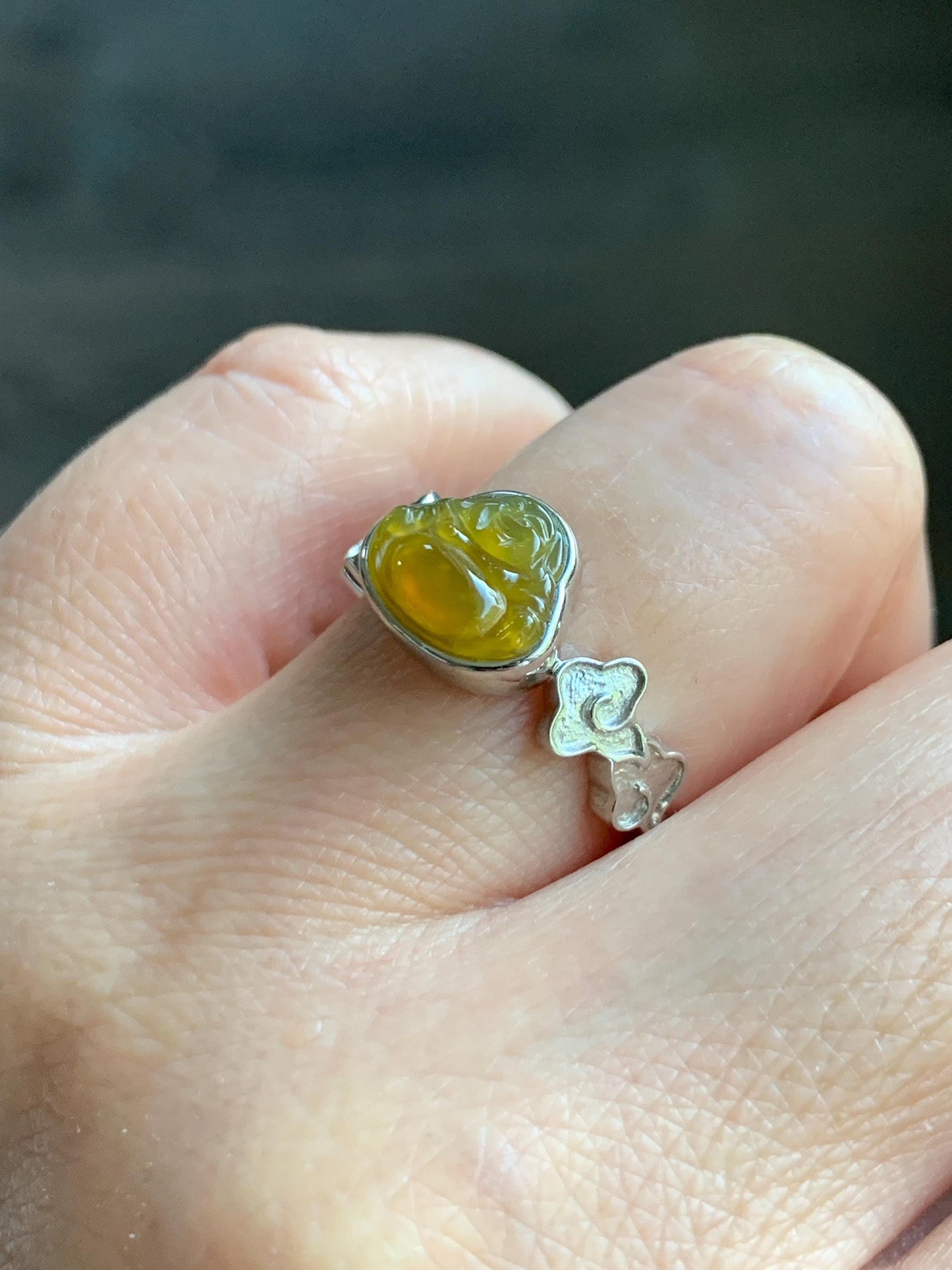 Certified Natural Grade A Guatemalan Icy Translucent Vibrant Yellow Jade Jadeite Buddha Ring Sterling Silver Size 7.25 天然冰危浓黄翡翠佛公祥云戒指 194
