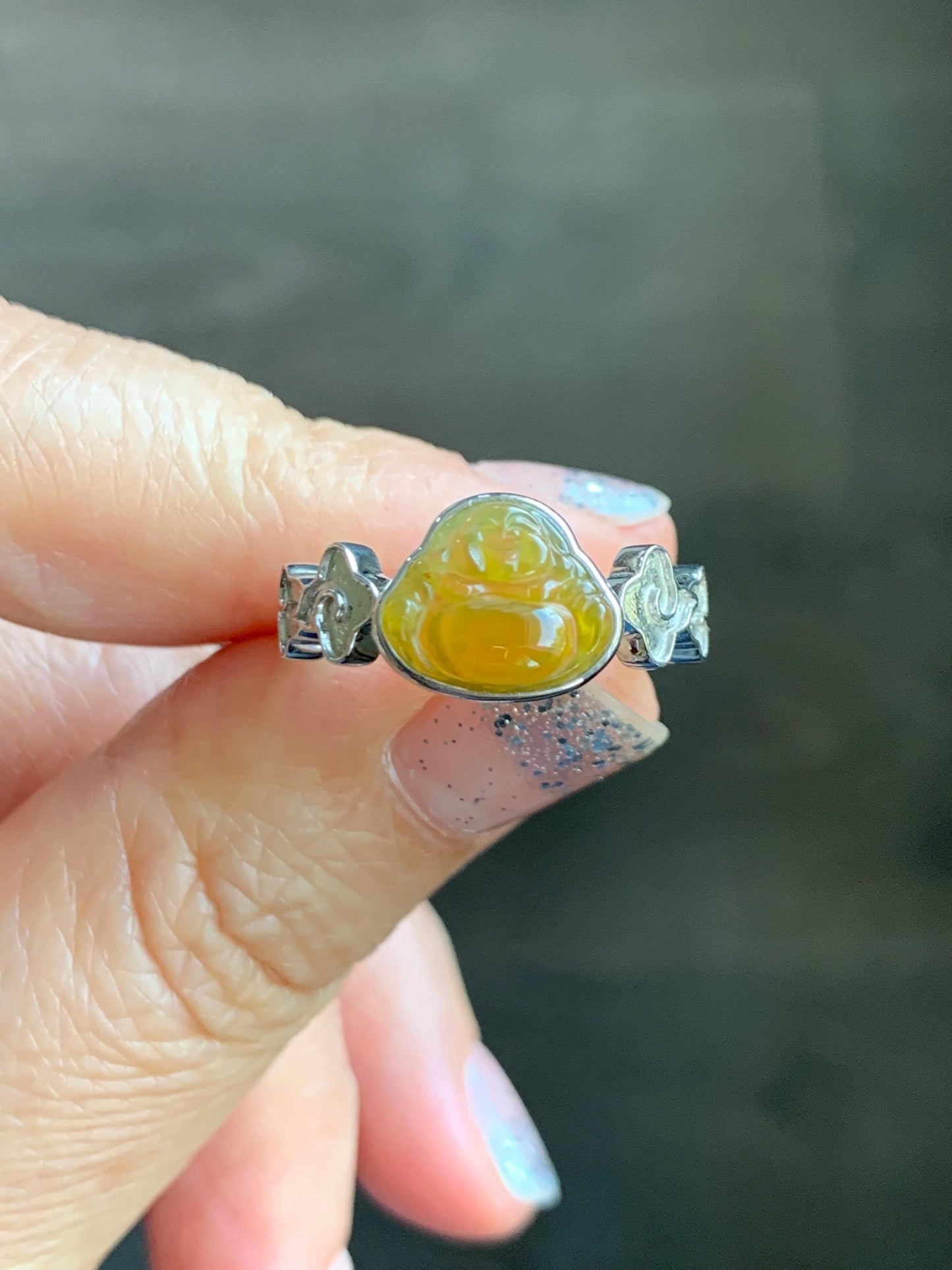 Certified Natural Grade A Guatemalan Icy Translucent Vibrant Yellow Jade Jadeite Buddha Ring Sterling Silver Size 7.25 天然冰危浓黄翡翠佛公祥云戒指 194