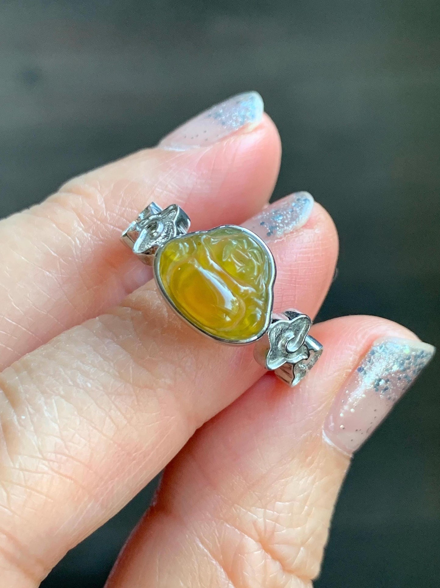 Certified Natural Grade A Guatemalan Icy Translucent Vibrant Yellow Jade Jadeite Buddha Ring Sterling Silver Size 7.25 天然冰危浓黄翡翠佛公祥云戒指 194