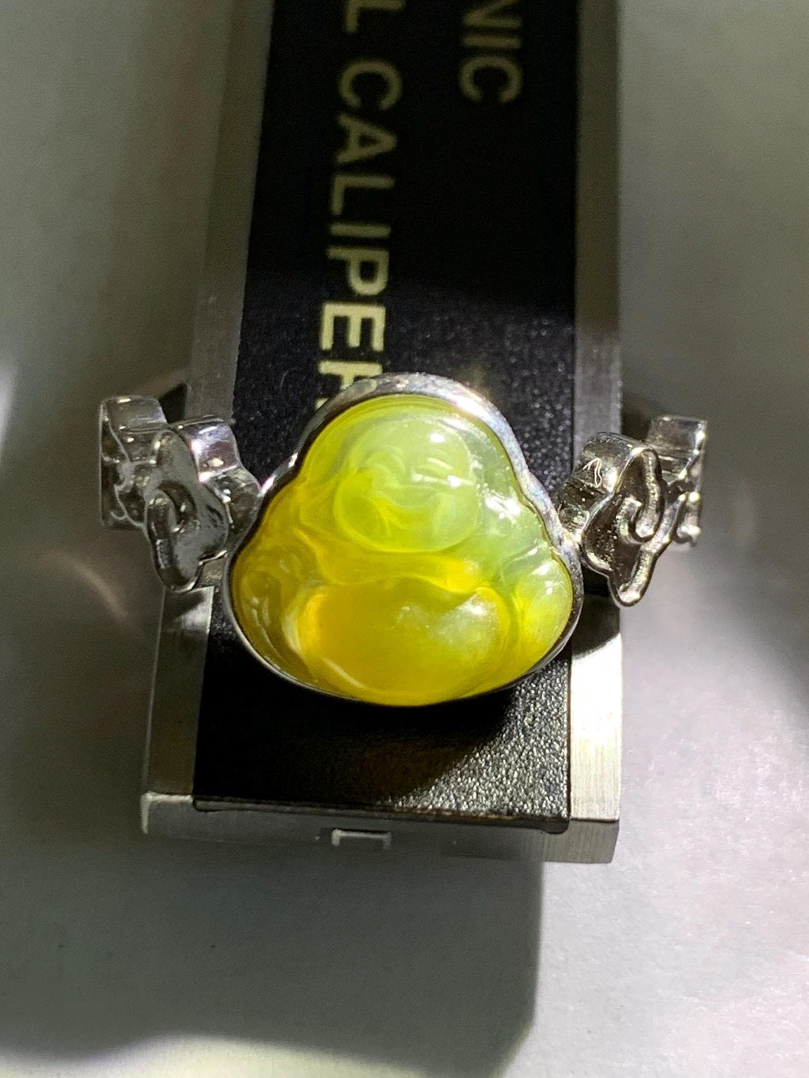 Certified Natural Grade A Guatemalan Icy Translucent Rich Yellow Jade Jadeite Buddha Ring Sterling Silver Size 8 天然冰危浓黄翡翠佛公祥云戒指 192