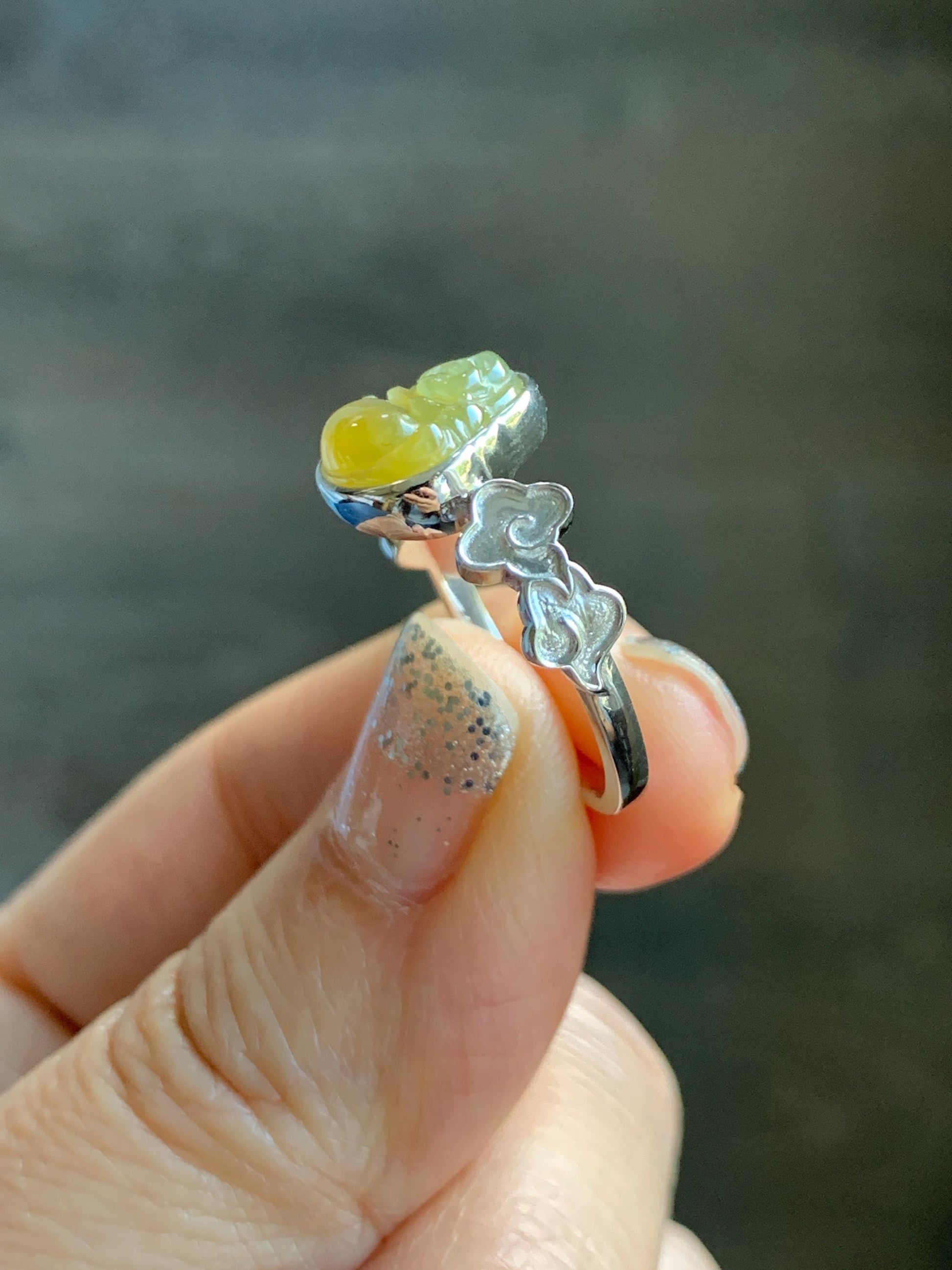 Certified Natural Grade A Guatemalan Icy Translucent Rich Yellow Jade Jadeite Buddha Ring Sterling Silver Size 8 天然冰危浓黄翡翠佛公祥云戒指 192