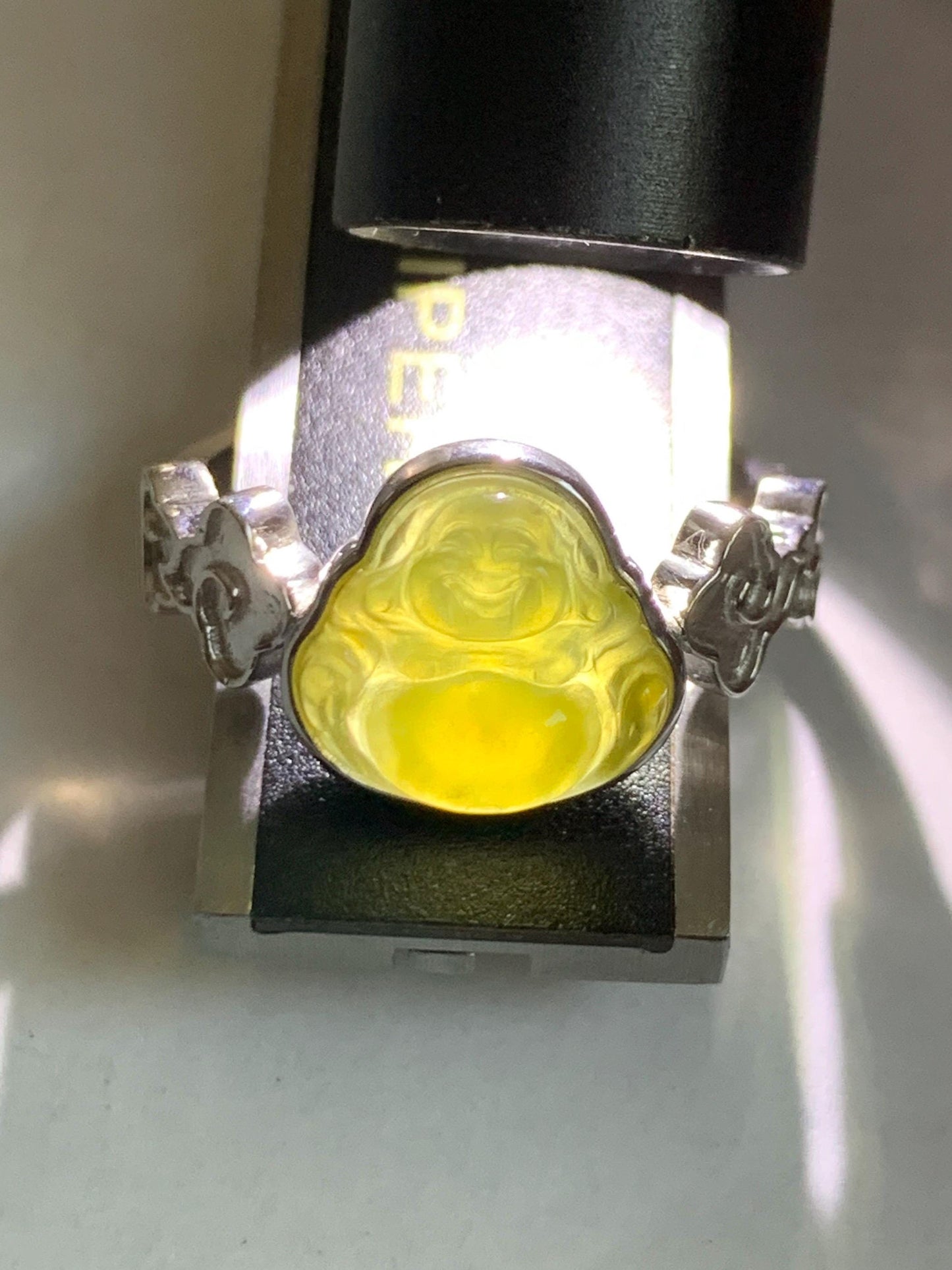 Certified Natural Grade A Guatemalan Icy Translucent Rich Yellow Jade Jadeite Buddha Ring Sterling Silver Size 8 天然冰危浓黄翡翠佛公祥云戒指 192
