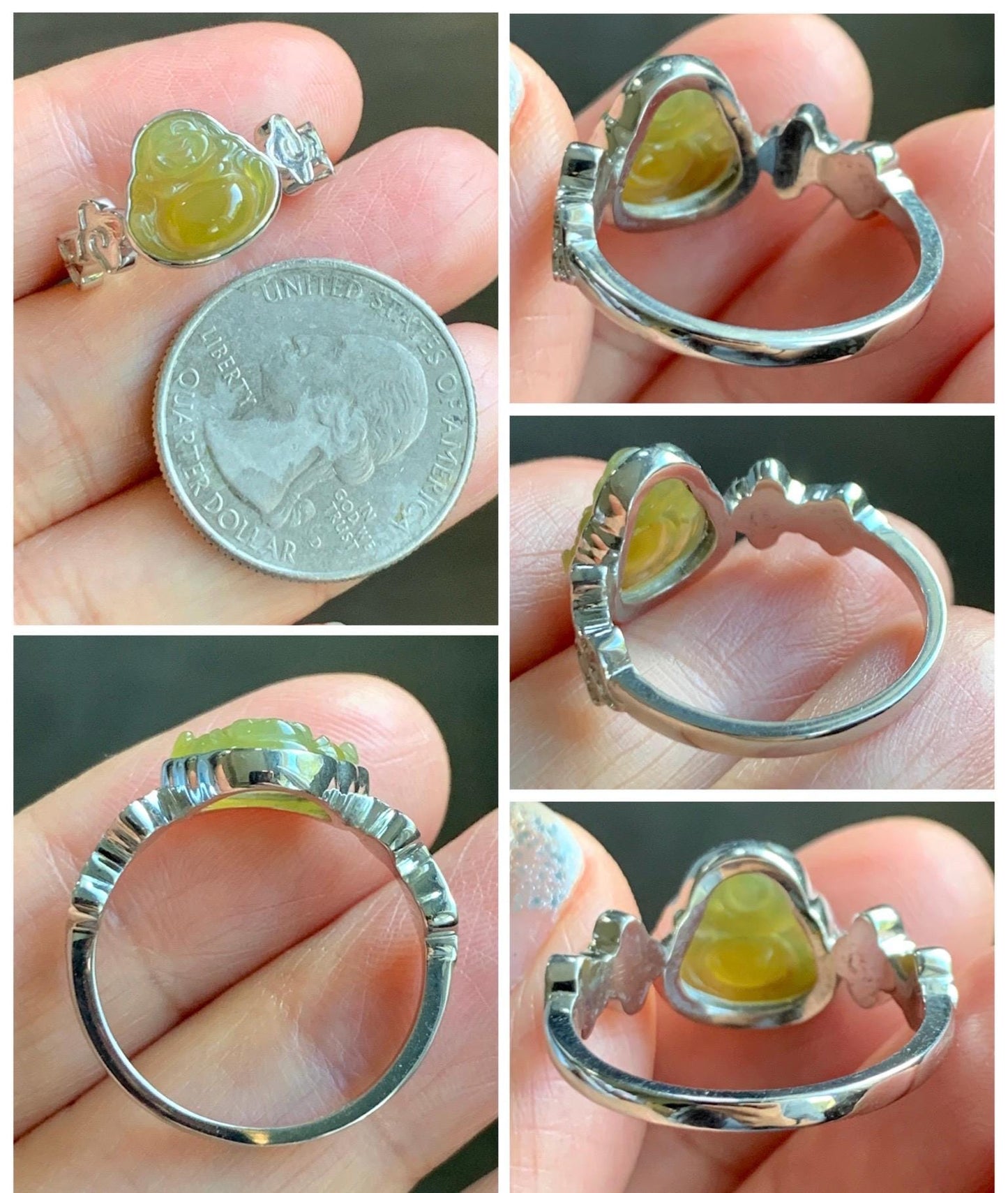 Certified Natural Grade A Guatemalan Icy Translucent Rich Yellow Jade Jadeite Buddha Ring Sterling Silver Size 8 天然冰危浓黄翡翠佛公祥云戒指 192