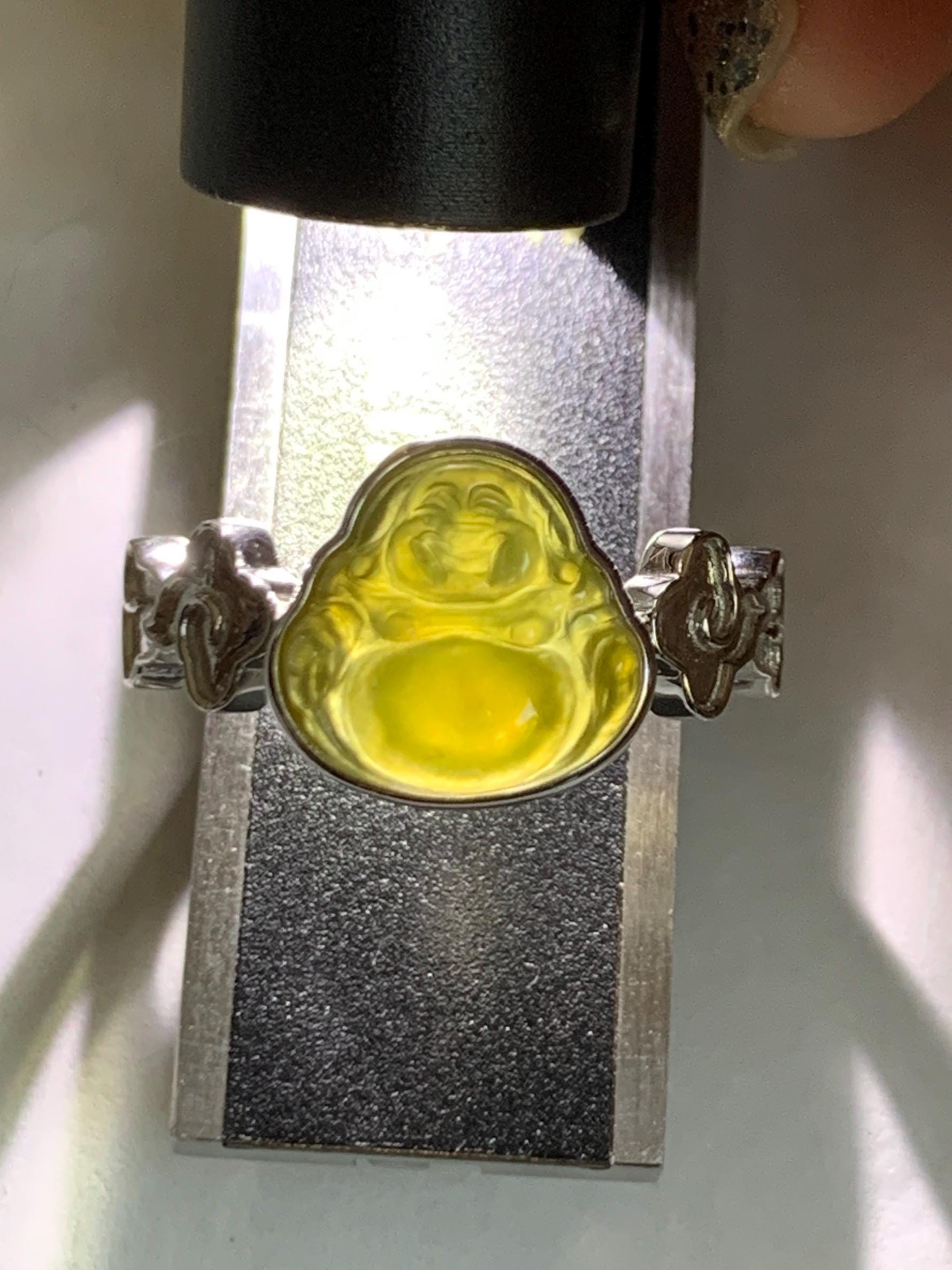 Certified Natural Grade A Guatemalan Icy Translucent Rich Yellow Jade Jadeite Buddha Ring Sterling Silver Size 8 天然冰危浓黄翡翠佛公祥云戒指 192