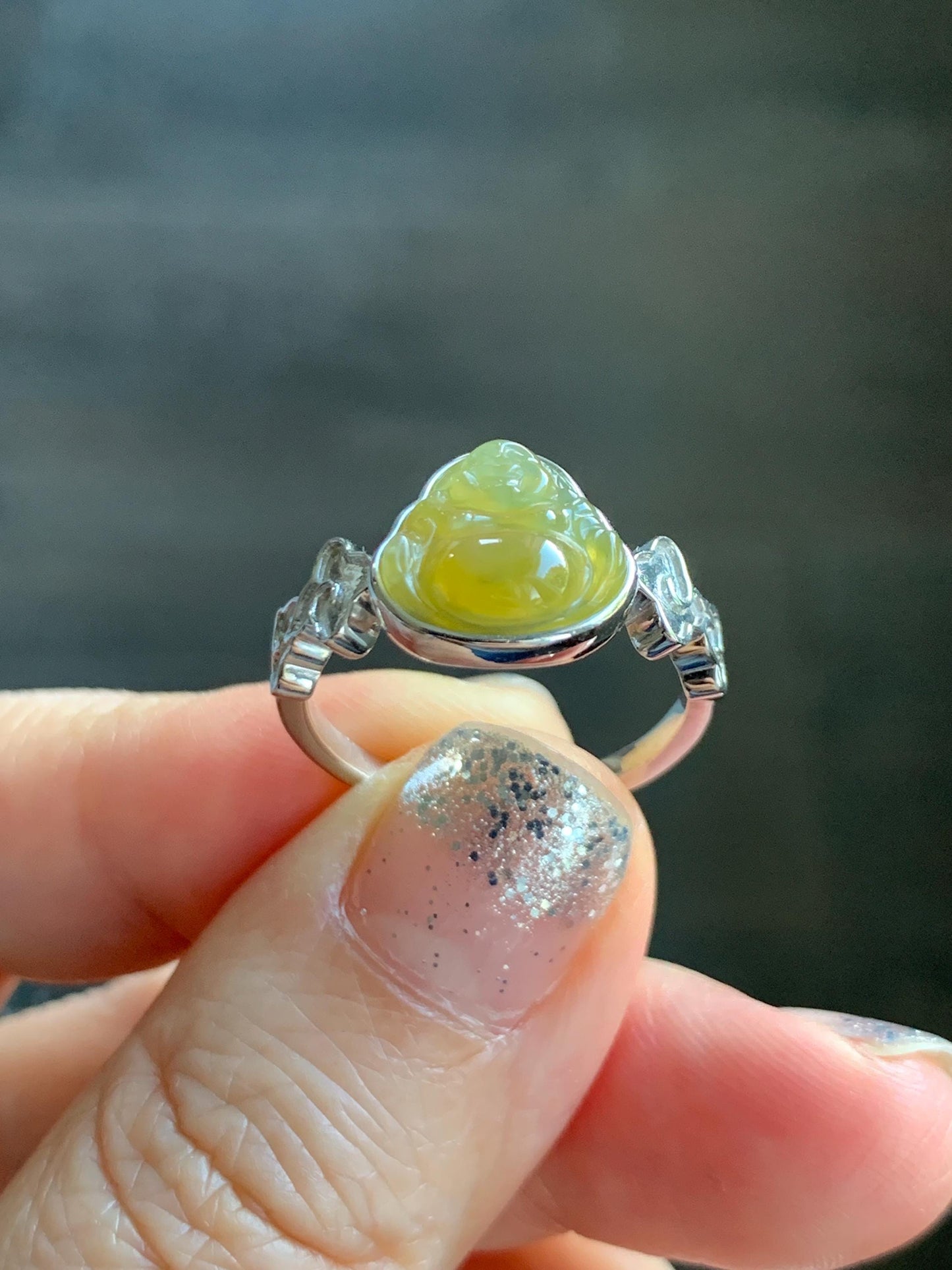 Certified Natural Grade A Guatemalan Icy Translucent Rich Yellow Jade Jadeite Buddha Ring Sterling Silver Size 8 天然冰危浓黄翡翠佛公祥云戒指 192