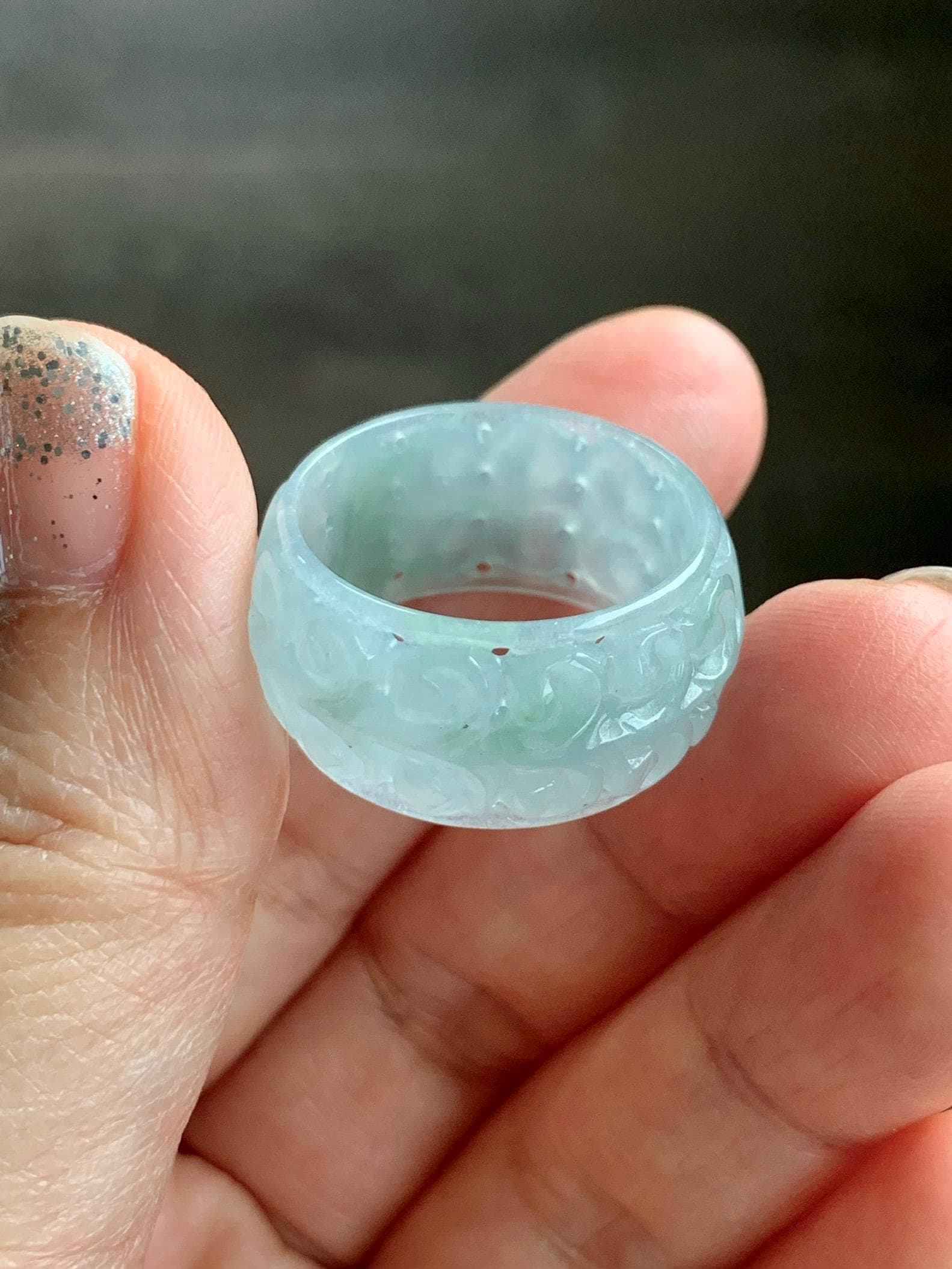 Natural Grade A Guatemalan Icy Translucent Pastel Dusty Blue Jade Jadeite Openwork Engraved Band Ring Size 10.25 US 天然冰危淡蓝飘花翡翠镂空雕戒圈 LK330A