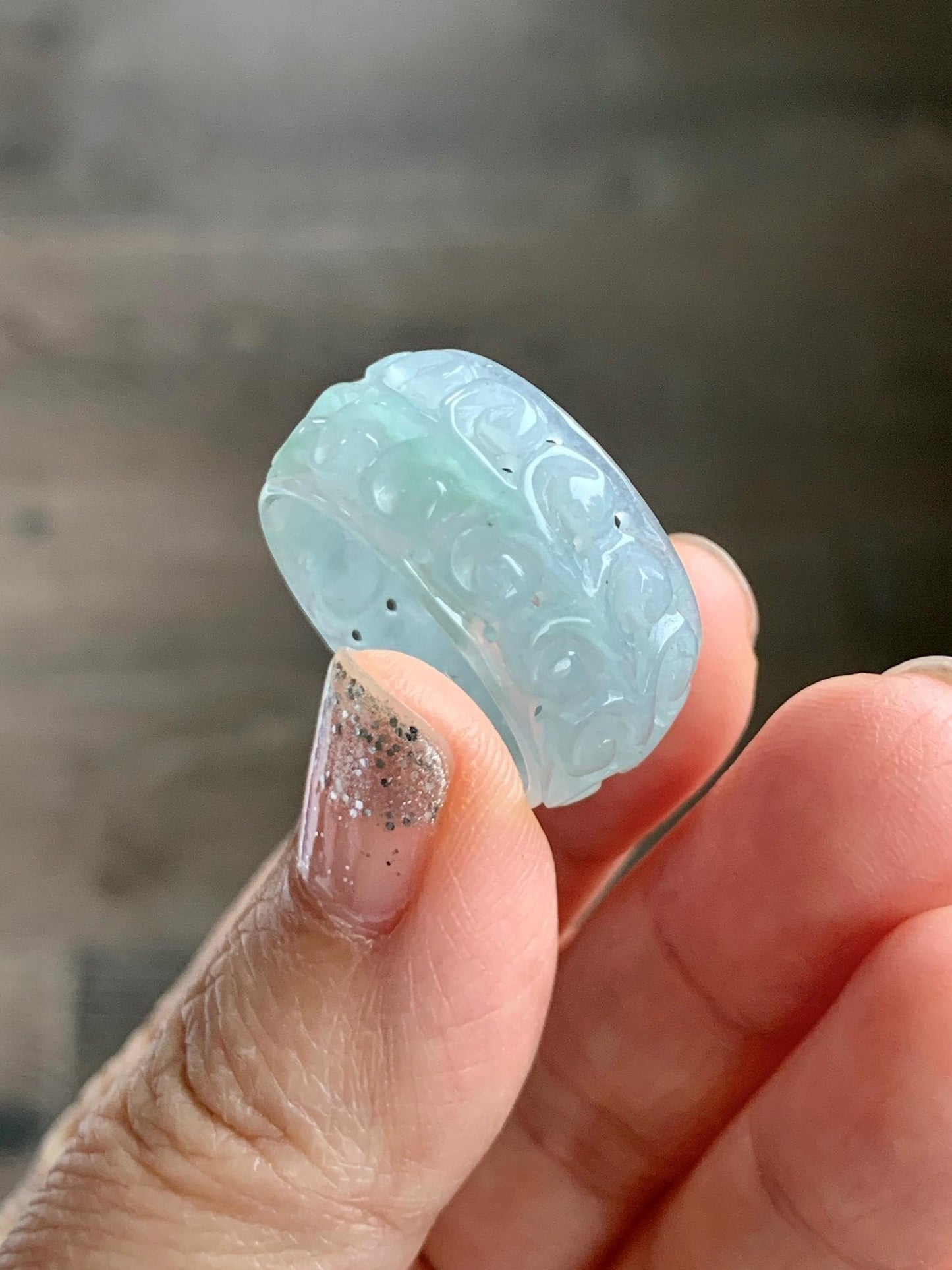 Natural Grade A Guatemalan Icy Translucent Pastel Dusty Blue Jade Jadeite Openwork Engraved Band Ring Size 10.25 US 天然冰危淡蓝飘花翡翠镂空雕戒圈 LK330A