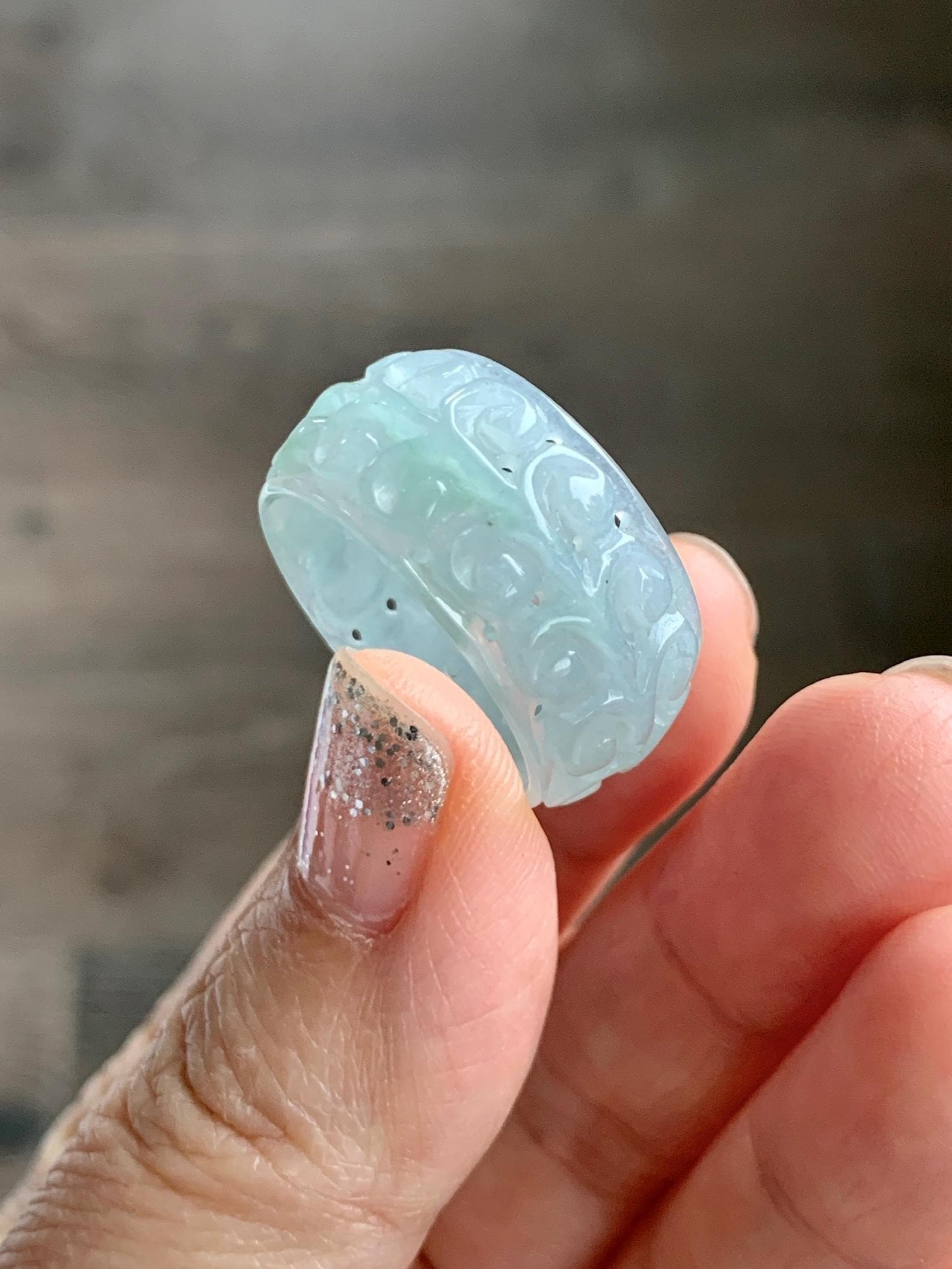 Natural Grade A Guatemalan Icy Translucent Pastel Dusty Blue Jade Jadeite Openwork Engraved Band Ring Size 10.25 US 天然冰危淡蓝飘花翡翠镂空雕戒圈 LK330A