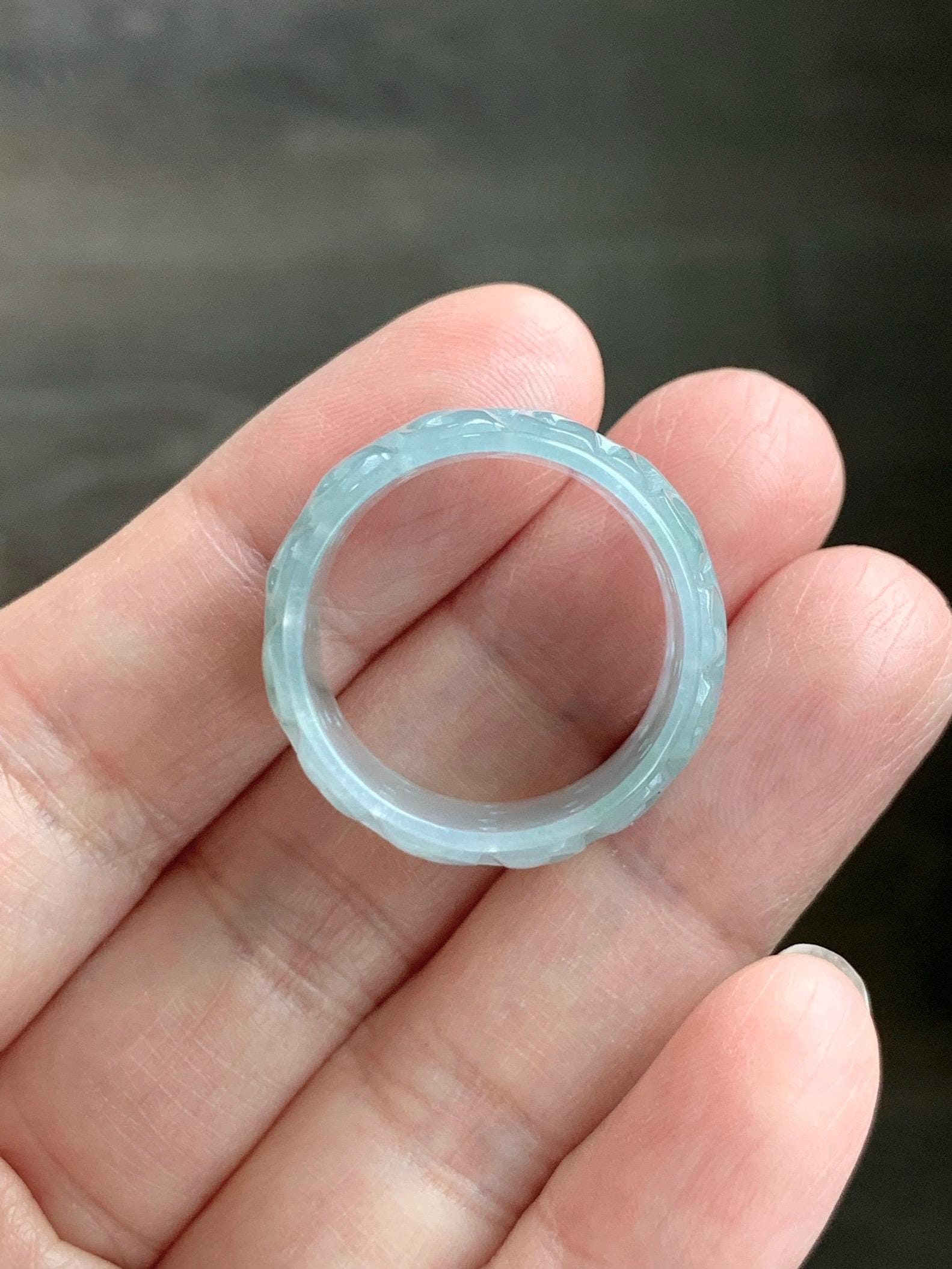 Natural Grade A Guatemalan Icy Translucent Pastel Dusty Blue Jade Jadeite Openwork Engraved Band Ring Size 10.25 US 天然冰危淡蓝飘花翡翠镂空雕戒圈 LK330A