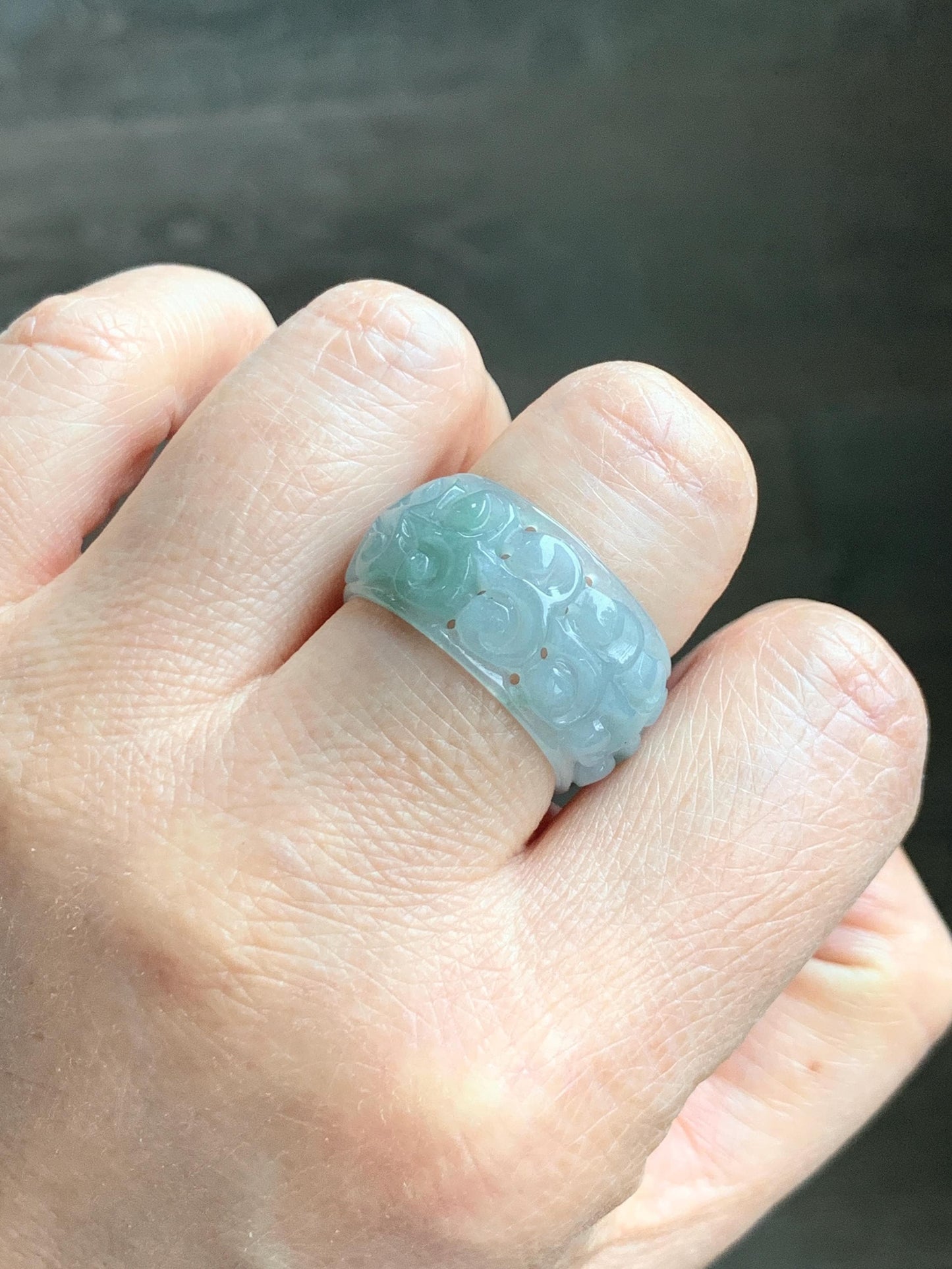Natural Grade A Guatemalan Icy Translucent Pastel Dusty Blue Jade Jadeite Openwork Engraved Band Ring Size 10.25 US 天然冰危淡蓝飘花翡翠镂空雕戒圈 LK330A