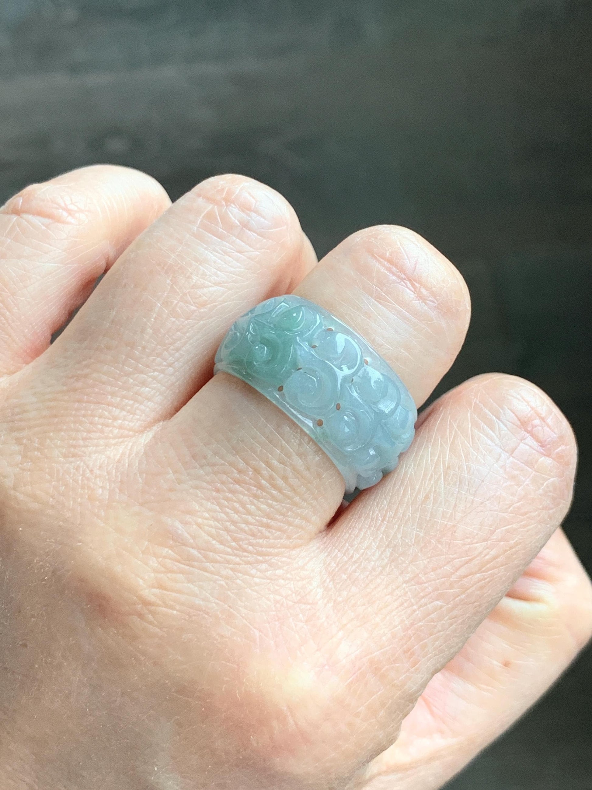 Natural Grade A Guatemalan Icy Translucent Pastel Dusty Blue Jade Jadeite Openwork Engraved Band Ring Size 10.25 US 天然冰危淡蓝飘花翡翠镂空雕戒圈 LK330A