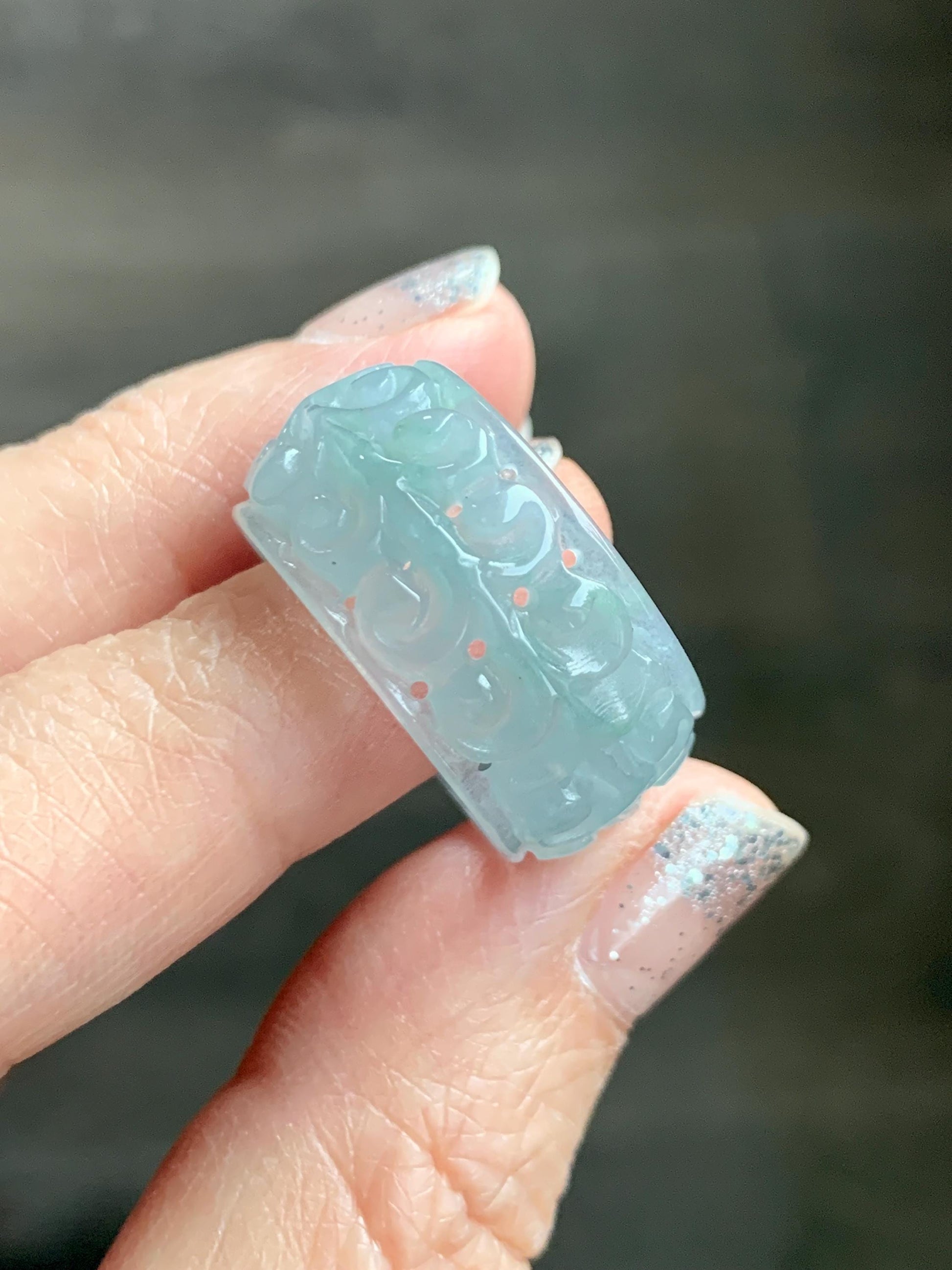 Natural Grade A Guatemalan Icy Translucent Pastel Dusty Blue Jade Jadeite Openwork Engraved Band Ring Size 10.25 US 天然冰危淡蓝飘花翡翠镂空雕戒圈 LK330A