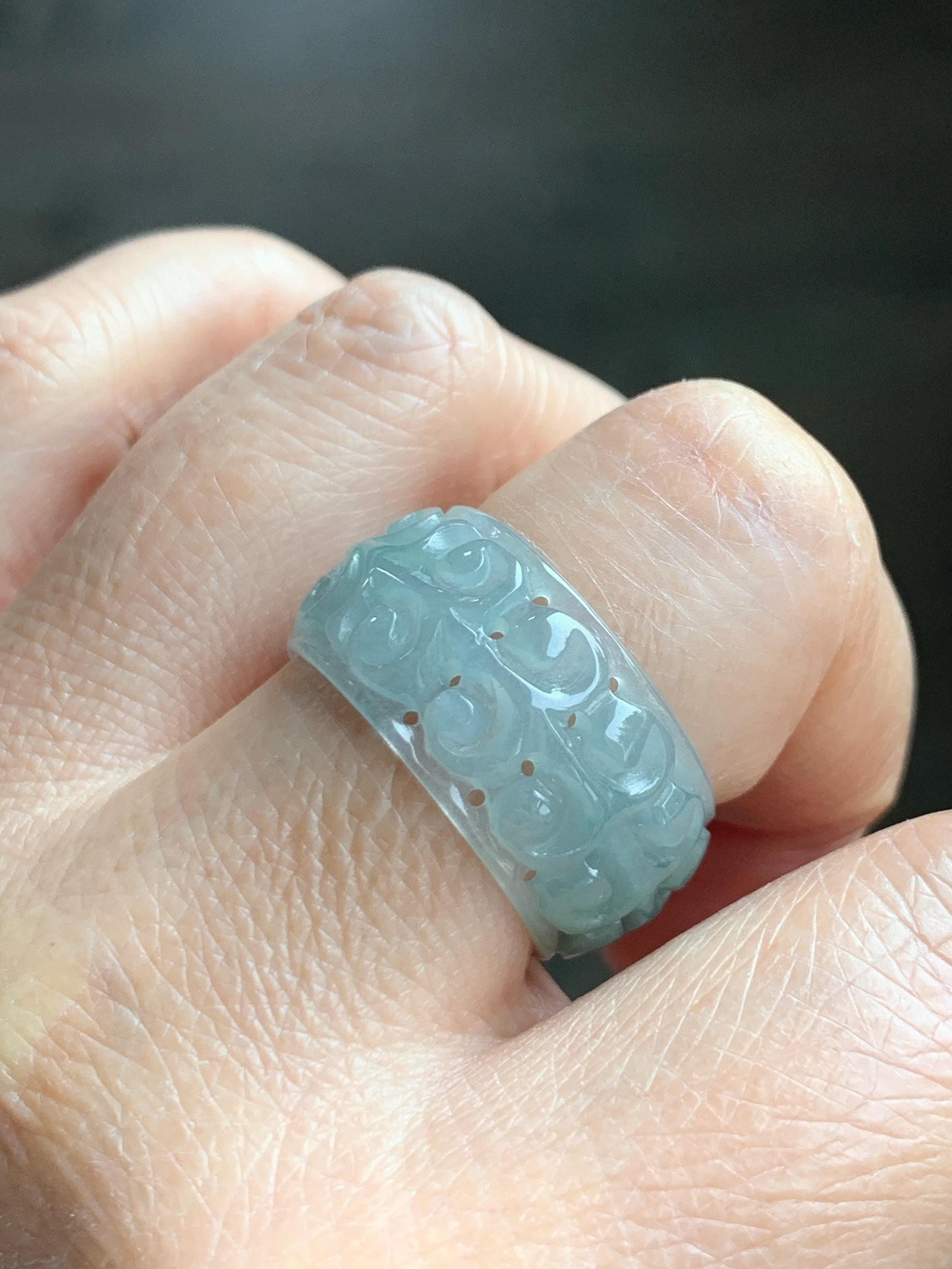 Natural Grade A Guatemalan Icy Translucent Pastel Dusty Blue Jade Jadeite Openwork Engraved Band Ring Size 10.25 US 天然冰危淡蓝飘花翡翠镂空雕戒圈 LK330A