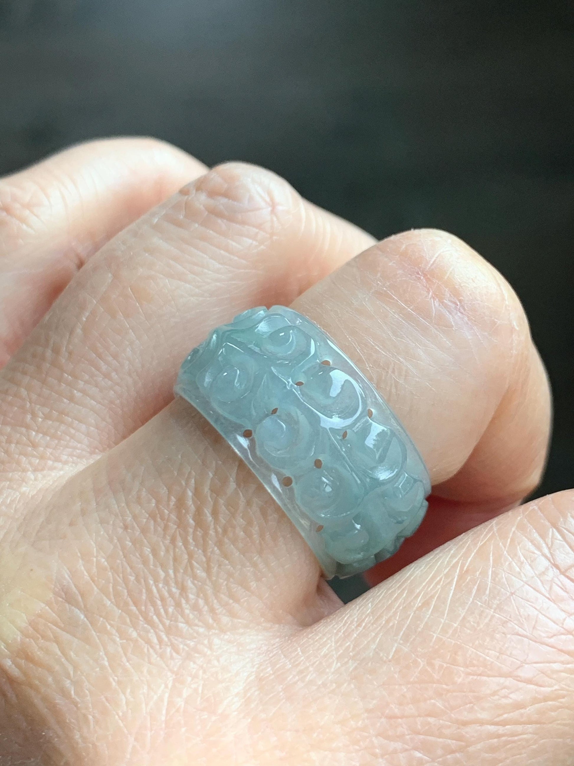 Natural Grade A Guatemalan Icy Translucent Pastel Dusty Blue Jade Jadeite Openwork Engraved Band Ring Size 10.25 US 天然冰危淡蓝飘花翡翠镂空雕戒圈 LK330A