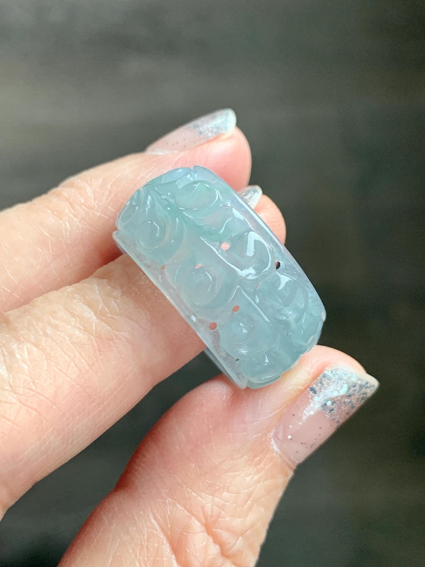 Natural Grade A Guatemalan Icy Translucent Pastel Dusty Blue Jade Jadeite Openwork Engraved Band Ring Size 10.25 US 天然冰危淡蓝飘花翡翠镂空雕戒圈 LK330A