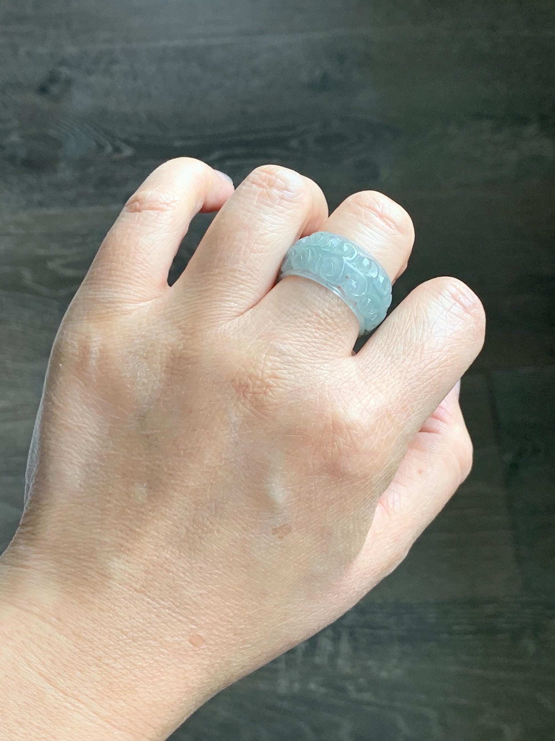 Natural Grade A Guatemalan Icy Translucent Pastel Dusty Blue Jade Jadeite Openwork Engraved Band Ring Size 10.25 US 天然冰危淡蓝飘花翡翠镂空雕戒圈 LK330A