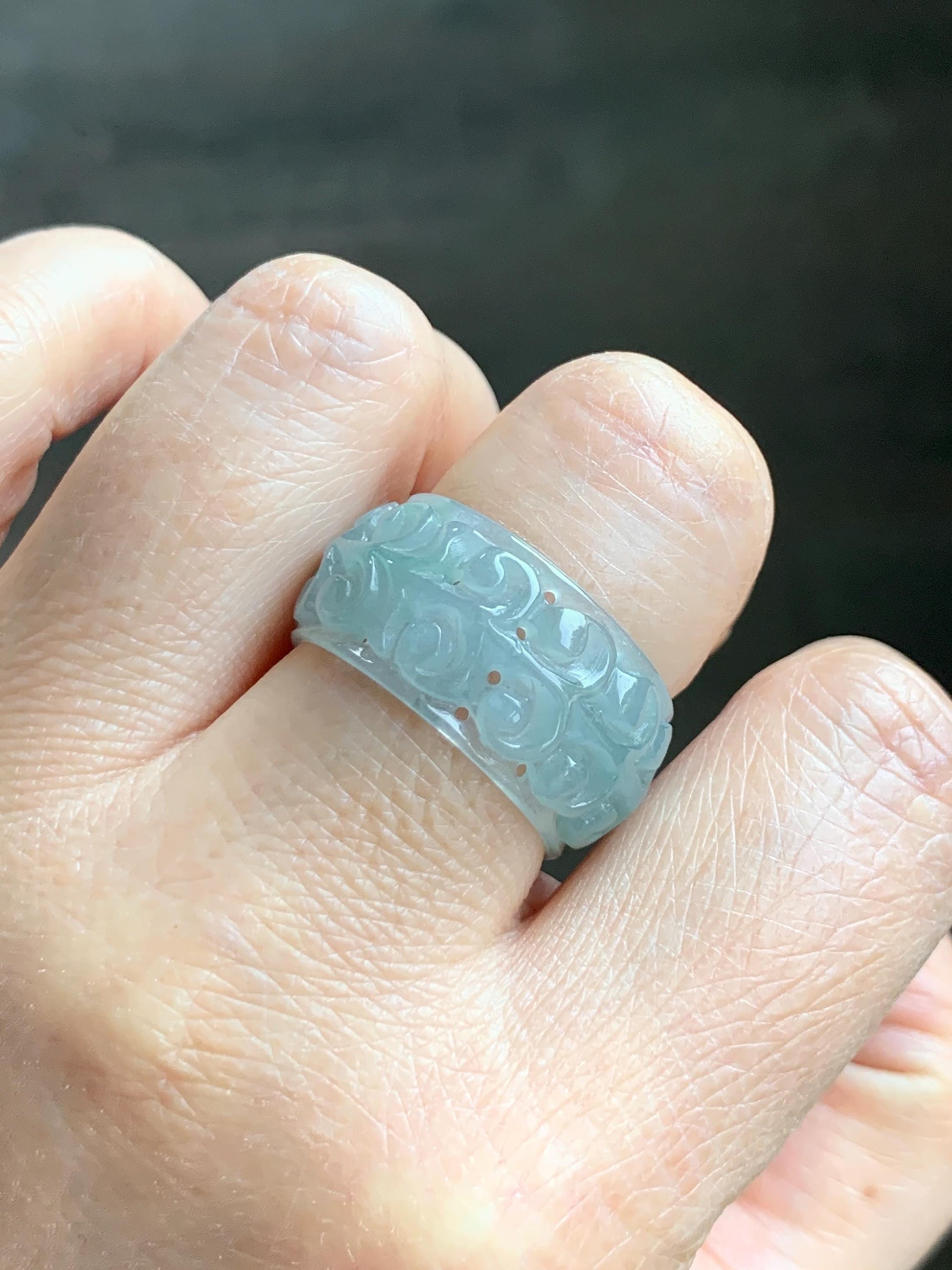 Natural Grade A Guatemalan Icy Translucent Pastel Dusty Blue Jade Jadeite Openwork Engraved Band Ring Size 10.25 US 天然冰危淡蓝飘花翡翠镂空雕戒圈 LK330A