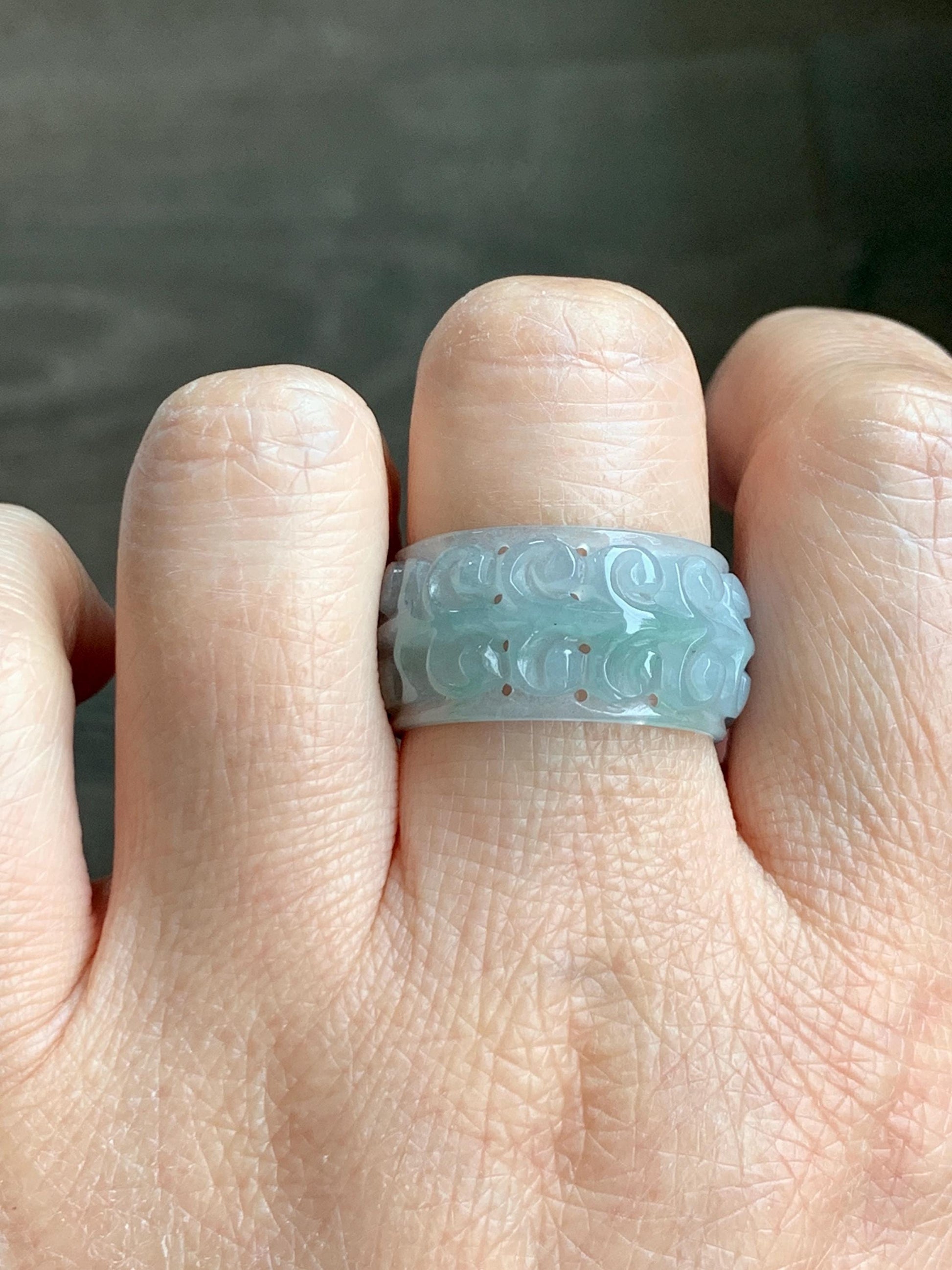 Natural Grade A Guatemalan Icy Translucent Pastel Dusty Blue Jade Jadeite Openwork Engraved Band Ring Size 10.25 US 天然冰危淡蓝飘花翡翠镂空雕戒圈 LK330A