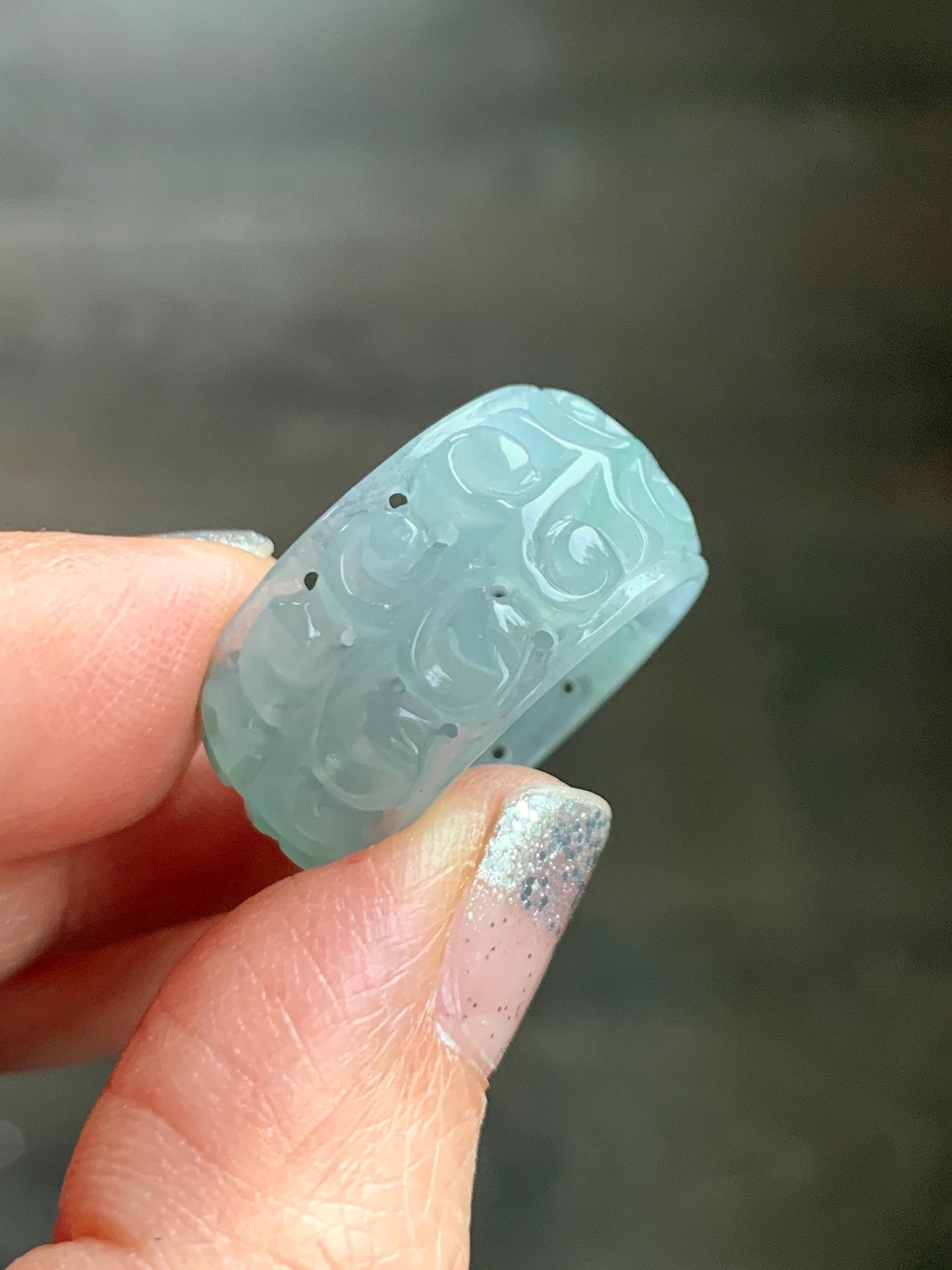 Natural Grade A Guatemalan Icy Translucent Pastel Dusty Blue Jade Jadeite Openwork Engraved Band Ring Size 10.25 US 天然冰危淡蓝飘花翡翠镂空雕戒圈 LK330A