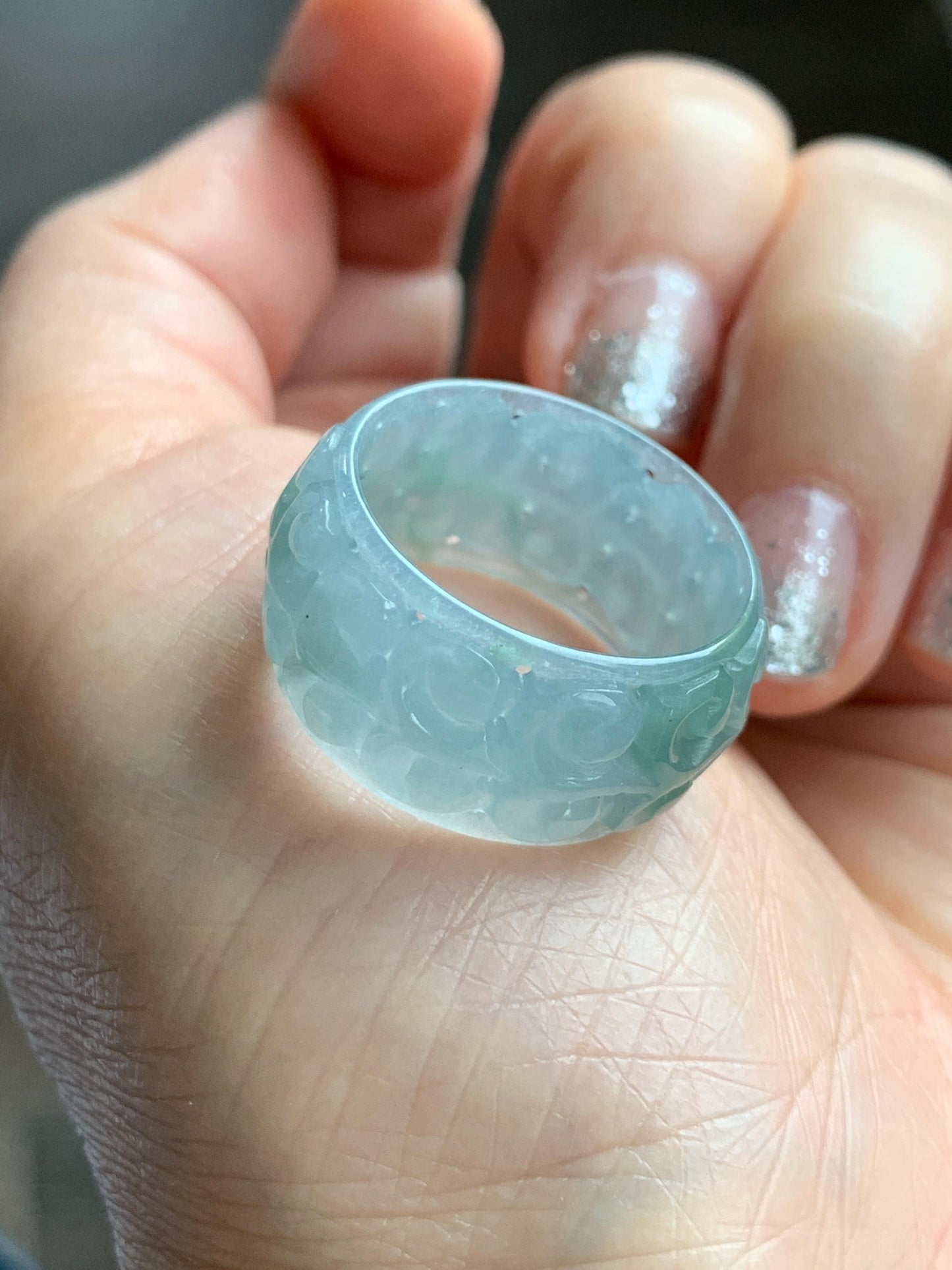 Natural Grade A Guatemalan Icy Translucent Pastel Dusty Blue Jade Jadeite Openwork Engraved Band Ring Size 10.25 US 天然冰危淡蓝飘花翡翠镂空雕戒圈 LK330A