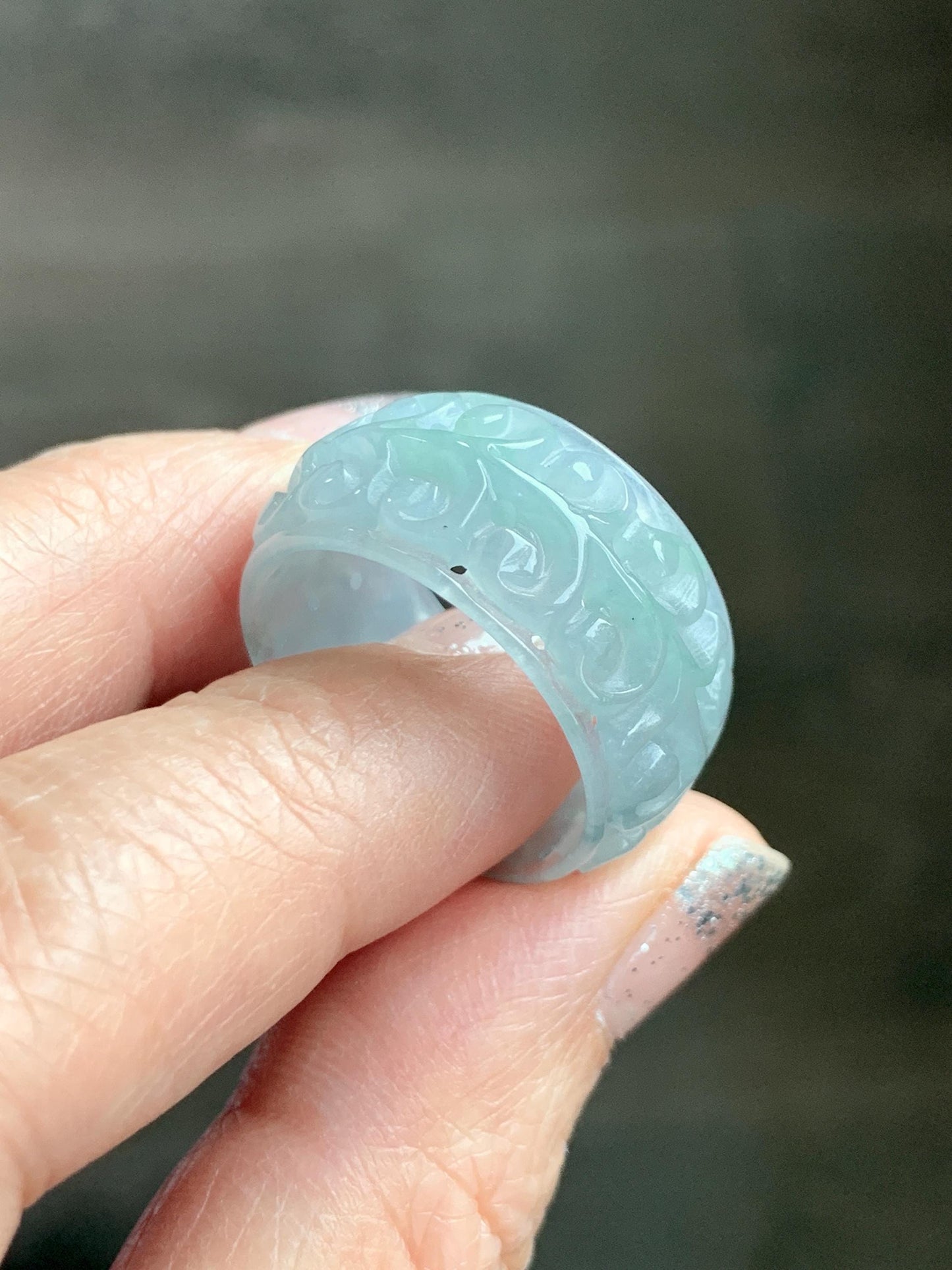 Natural Grade A Guatemalan Icy Translucent Pastel Dusty Blue Jade Jadeite Openwork Engraved Band Ring Size 10.25 US 天然冰危淡蓝飘花翡翠镂空雕戒圈 LK330A