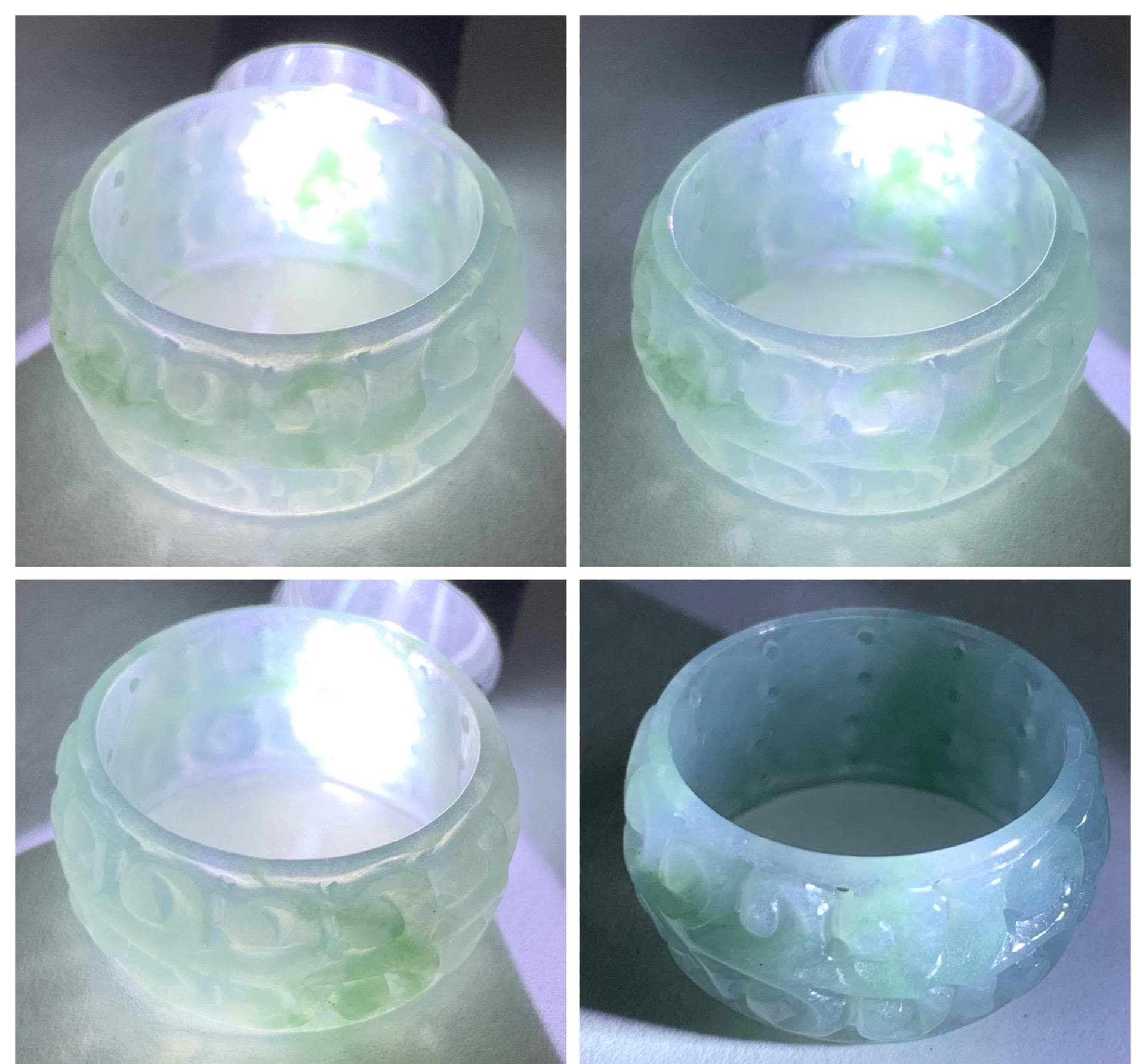 Natural Grade A Guatemalan Icy Translucent Pastel Dusty Blue Jade Jadeite Openwork Engraved Band Ring Size 10.25 US 天然冰危淡蓝飘花翡翠镂空雕戒圈 LK330A