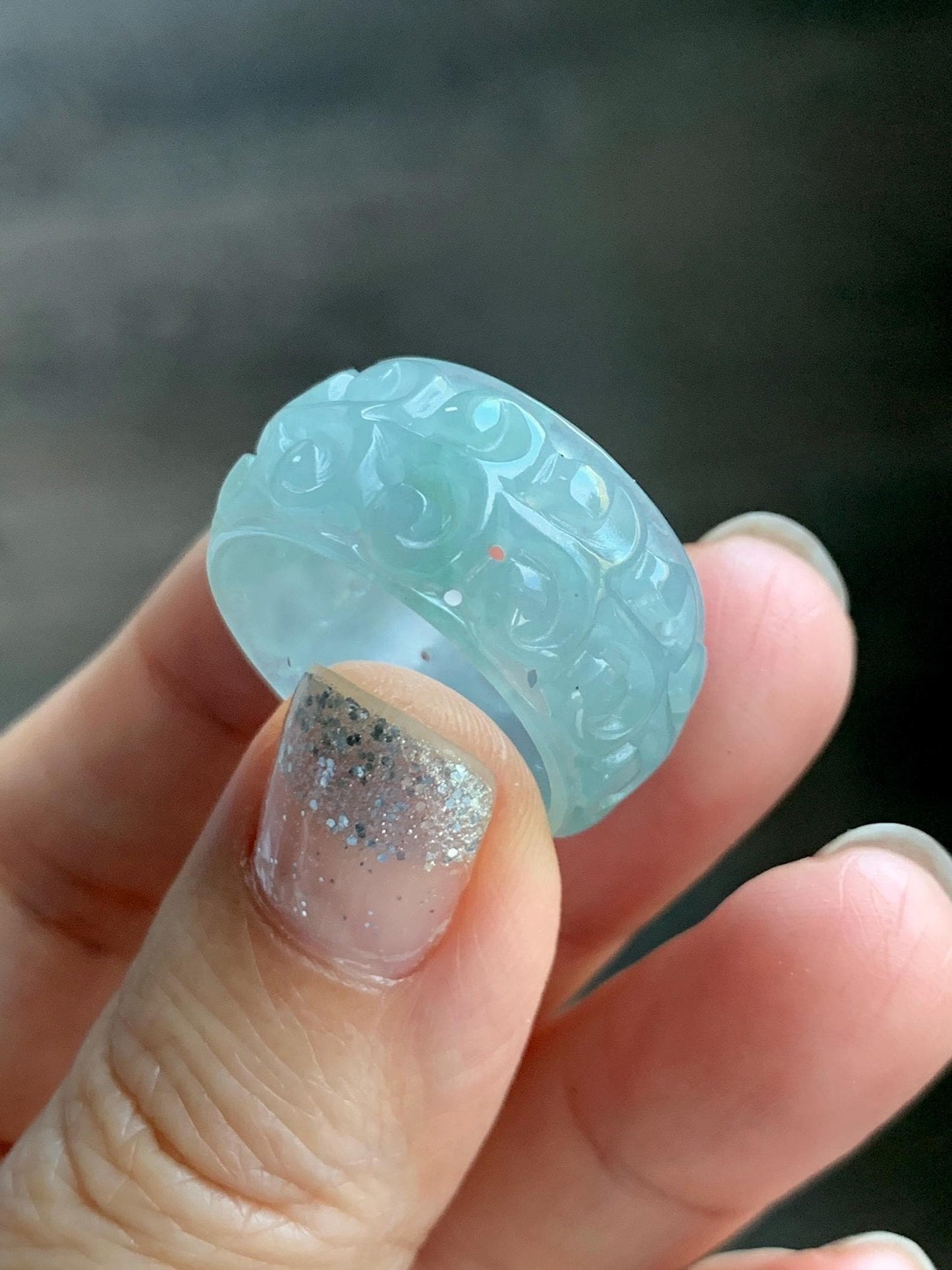 Natural Grade A Guatemalan Icy Translucent Pastel Dusty Blue Jade Jadeite Openwork Engraved Band Ring Size 10.25 US 天然冰危淡蓝飘花翡翠镂空雕戒圈 LK330B