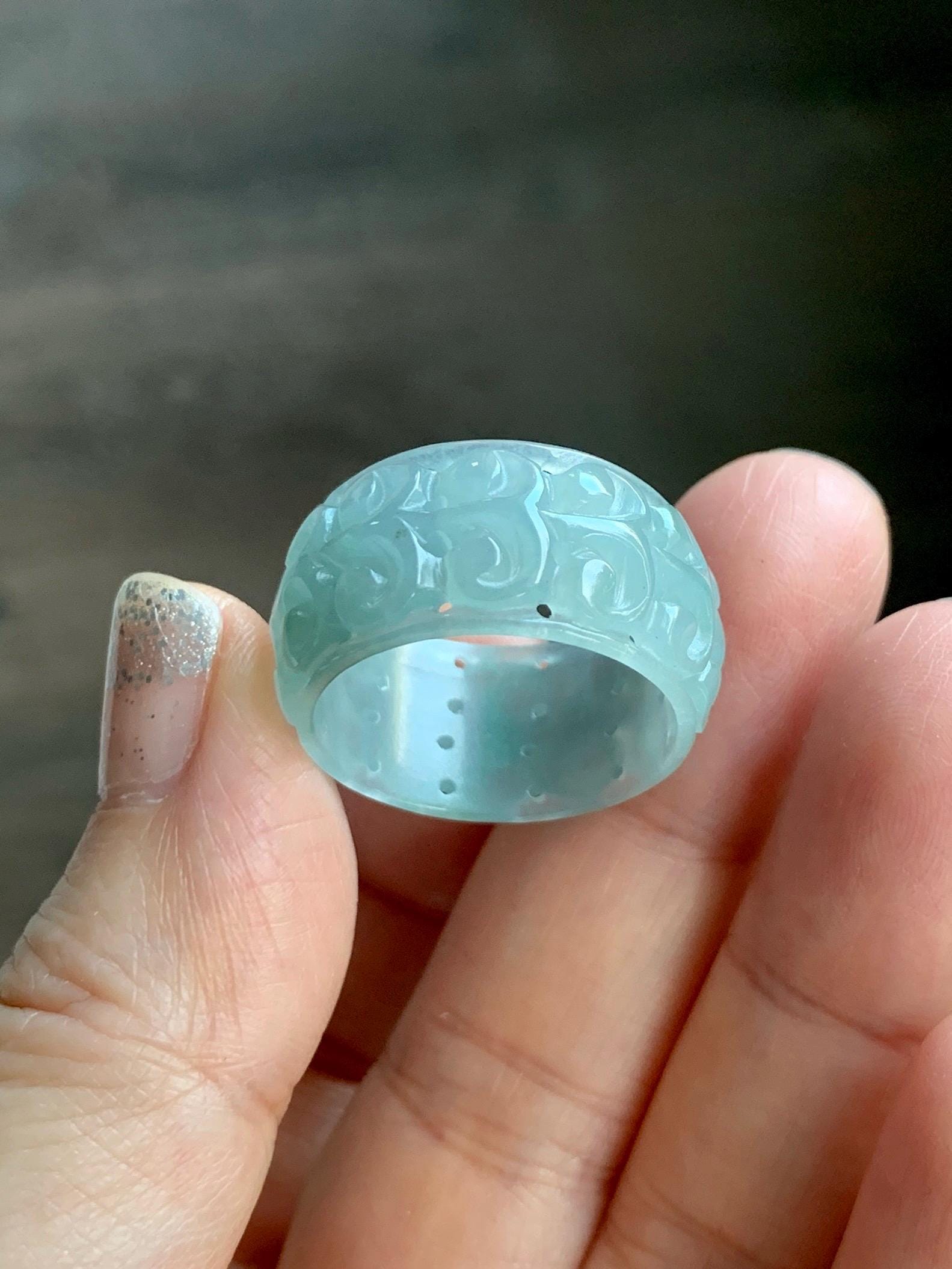 Natural Grade A Guatemalan Icy Translucent Pastel Dusty Blue Jade Jadeite Openwork Engraved Band Ring Size 10.25 US 天然冰危淡蓝飘花翡翠镂空雕戒圈 LK330B