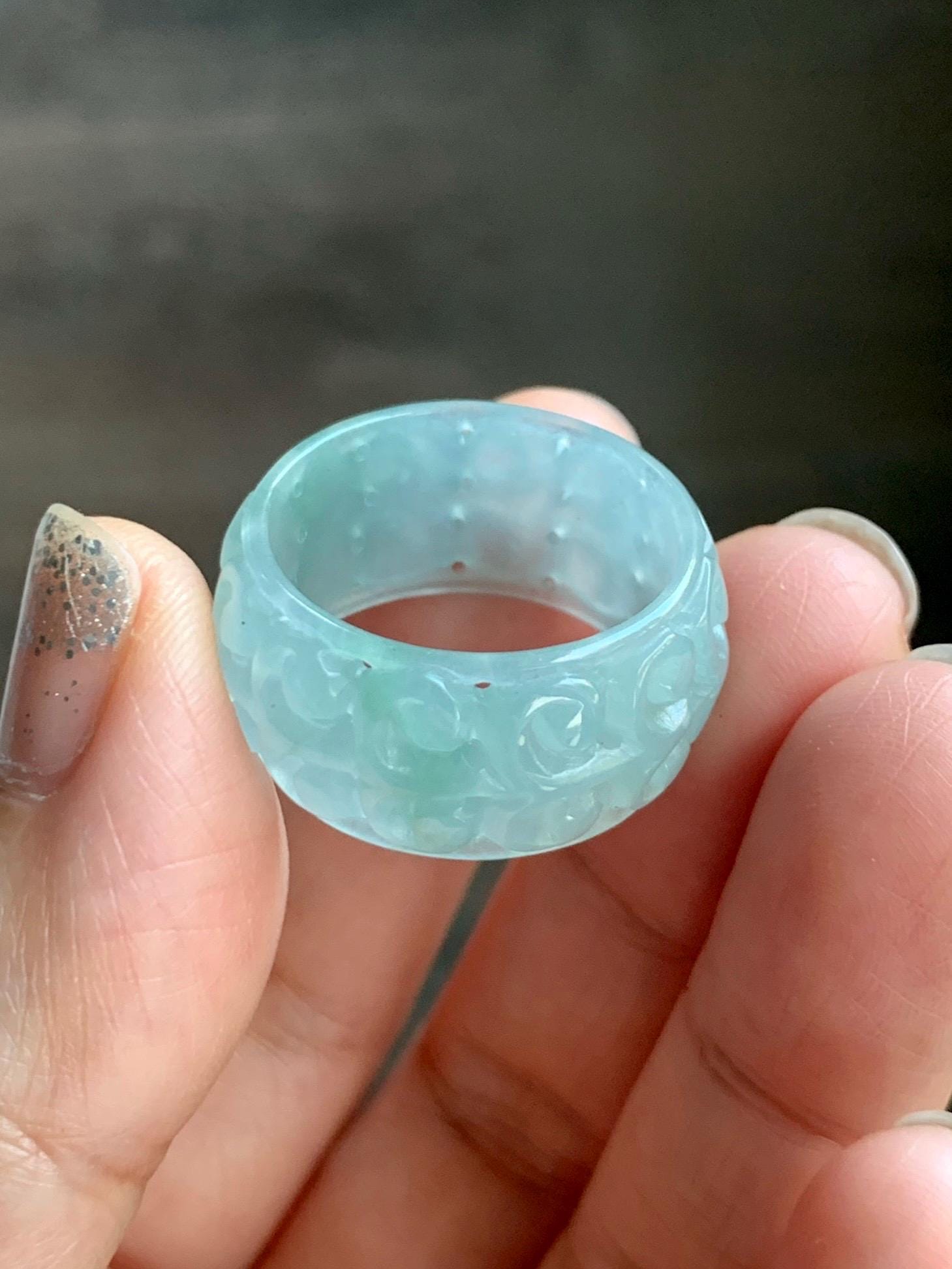 Natural Grade A Guatemalan Icy Translucent Pastel Dusty Blue Jade Jadeite Openwork Engraved Band Ring Size 10.25 US 天然冰危淡蓝飘花翡翠镂空雕戒圈 LK330B