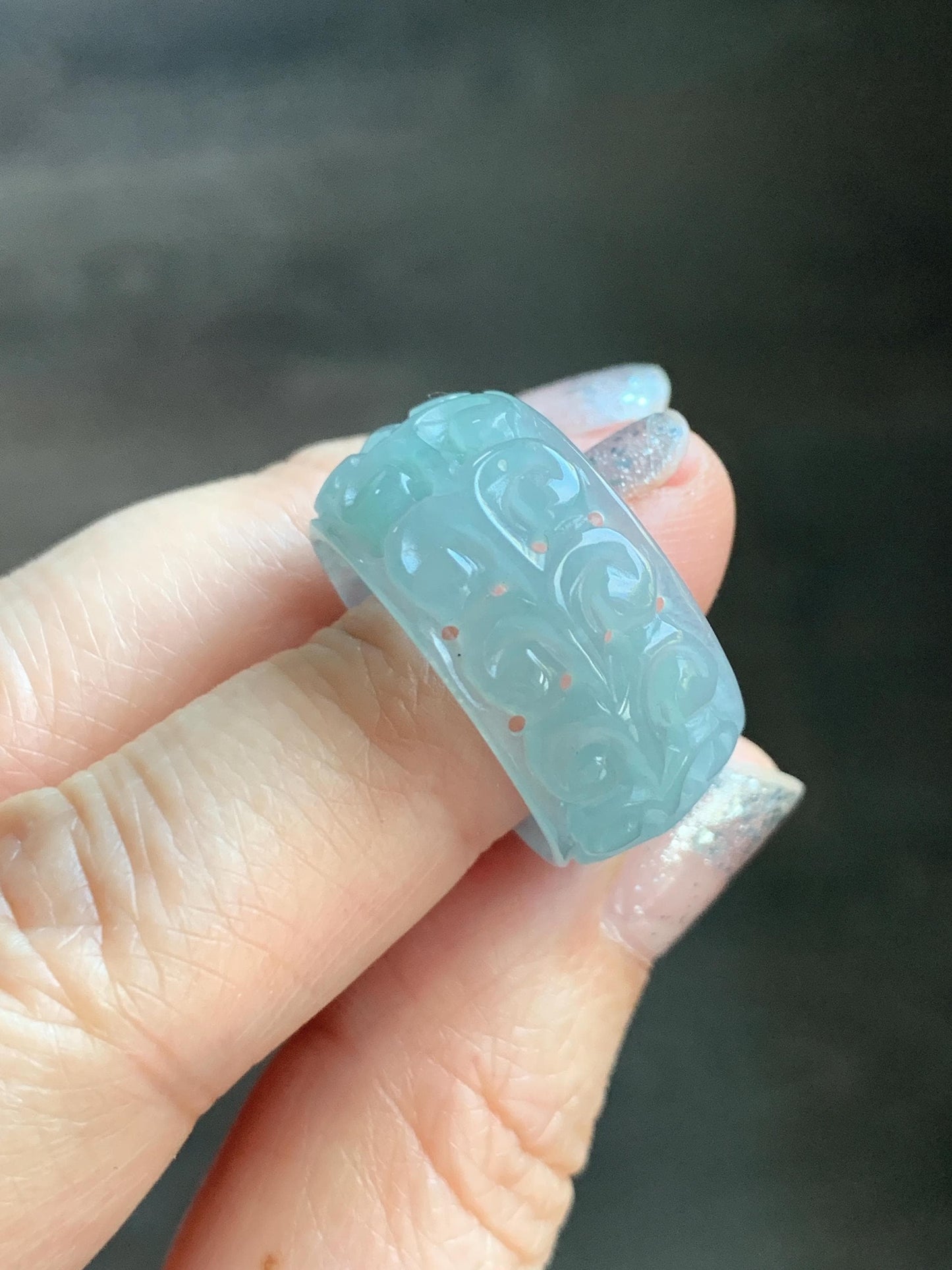 Natural Grade A Guatemalan Icy Translucent Pastel Dusty Blue Jade Jadeite Openwork Engraved Band Ring Size 10.25 US 天然冰危淡蓝飘花翡翠镂空雕戒圈 LK330B
