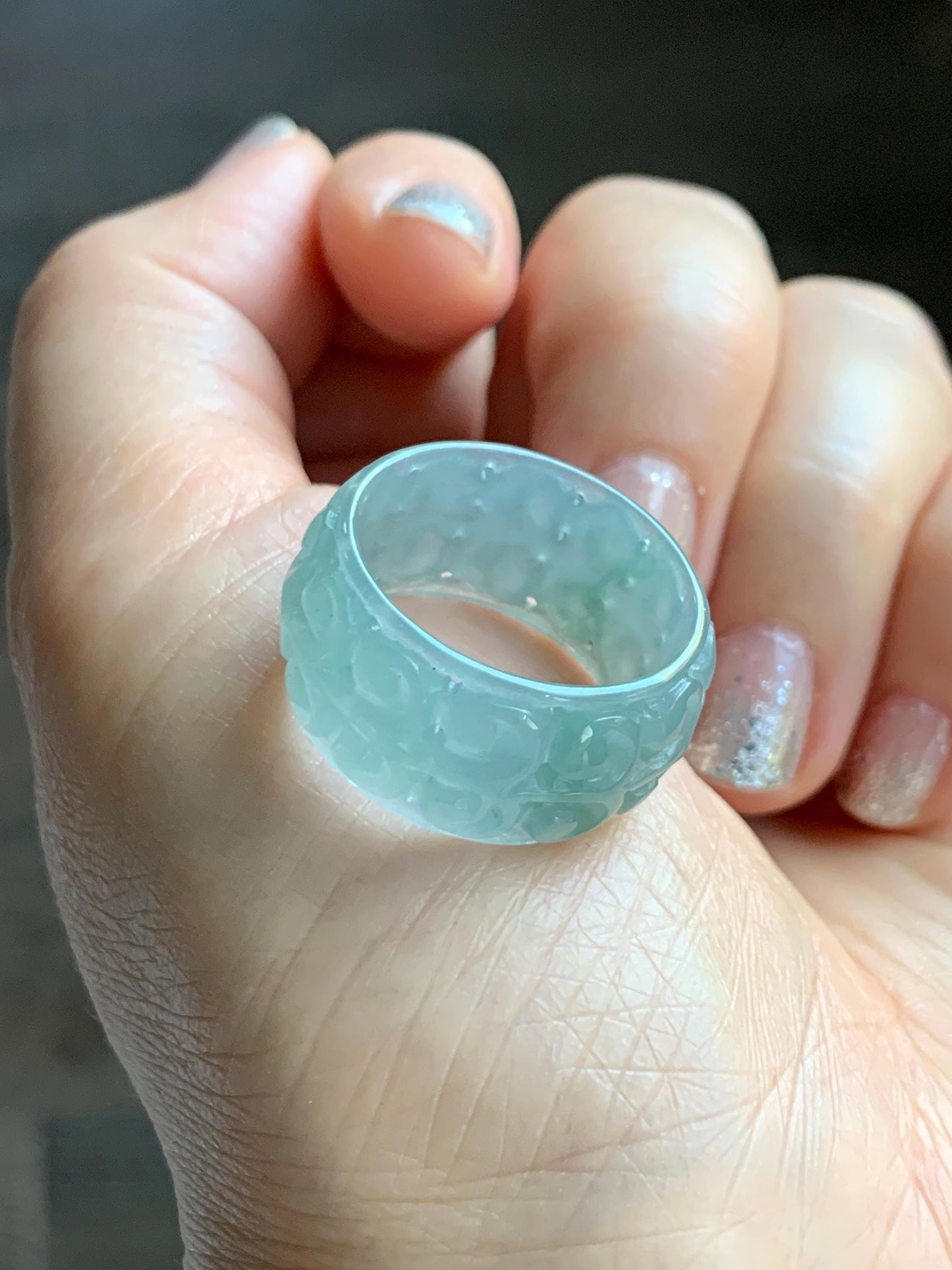 Natural Grade A Guatemalan Icy Translucent Pastel Dusty Blue Jade Jadeite Openwork Engraved Band Ring Size 10.25 US 天然冰危淡蓝飘花翡翠镂空雕戒圈 LK330B