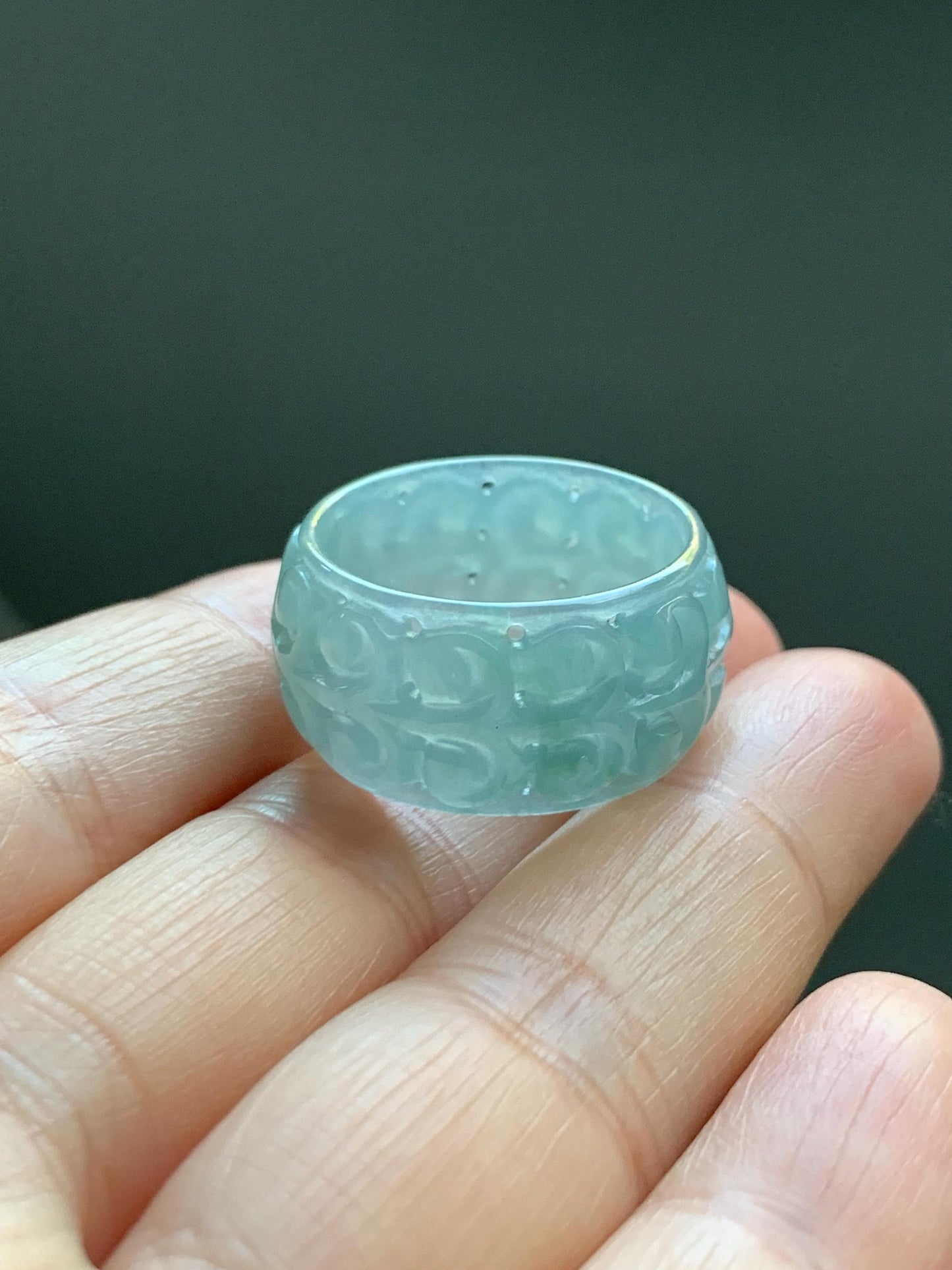 Natural Grade A Guatemalan Icy Translucent Pastel Dusty Blue Jade Jadeite Openwork Engraved Band Ring Size 10.25 US 天然冰危淡蓝飘花翡翠镂空雕戒圈 LK330B