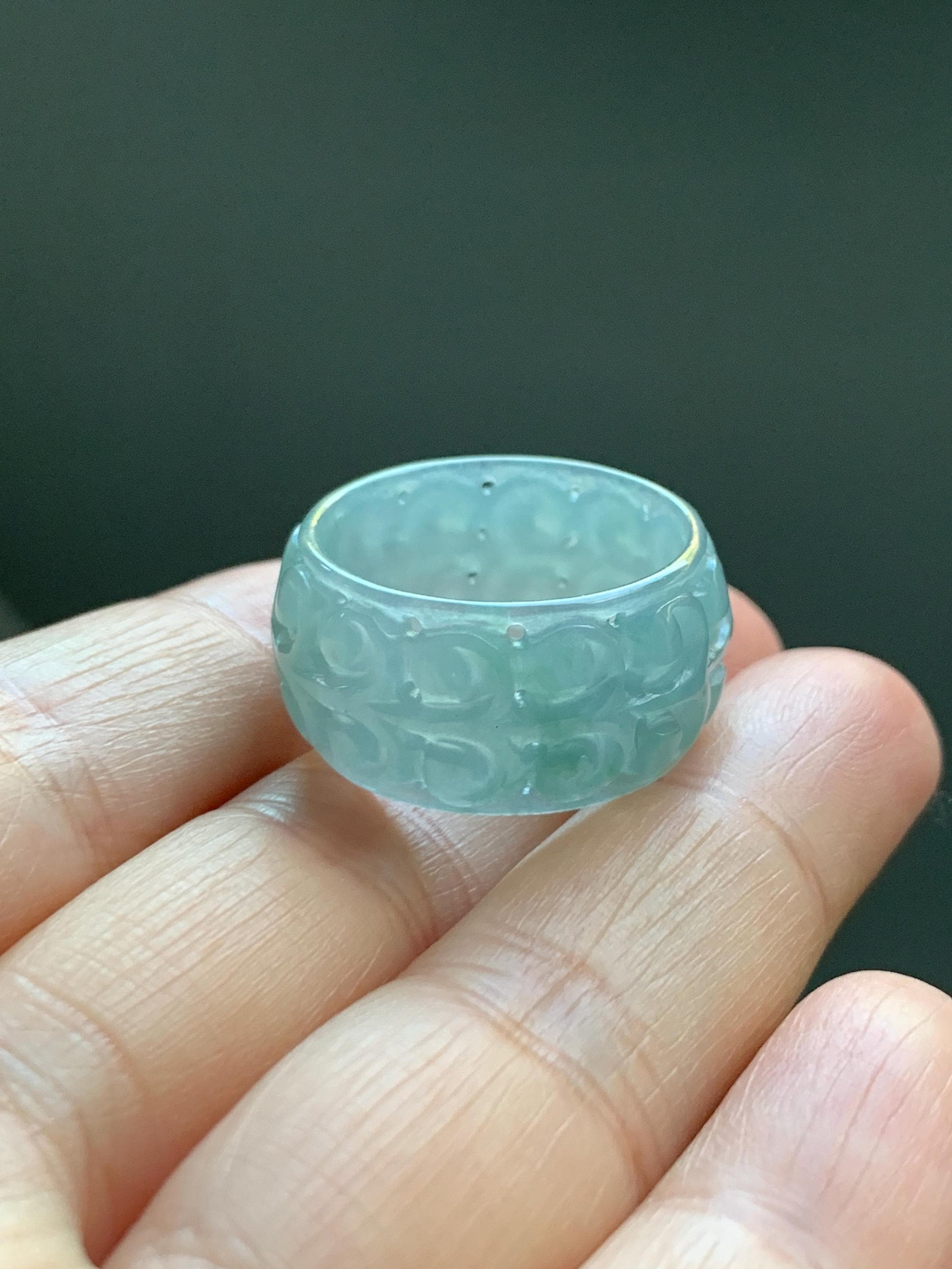 Natural Grade A Guatemalan Icy Translucent Pastel Dusty Blue Jade Jadeite Openwork Engraved Band Ring Size 10.25 US 天然冰危淡蓝飘花翡翠镂空雕戒圈 LK330B